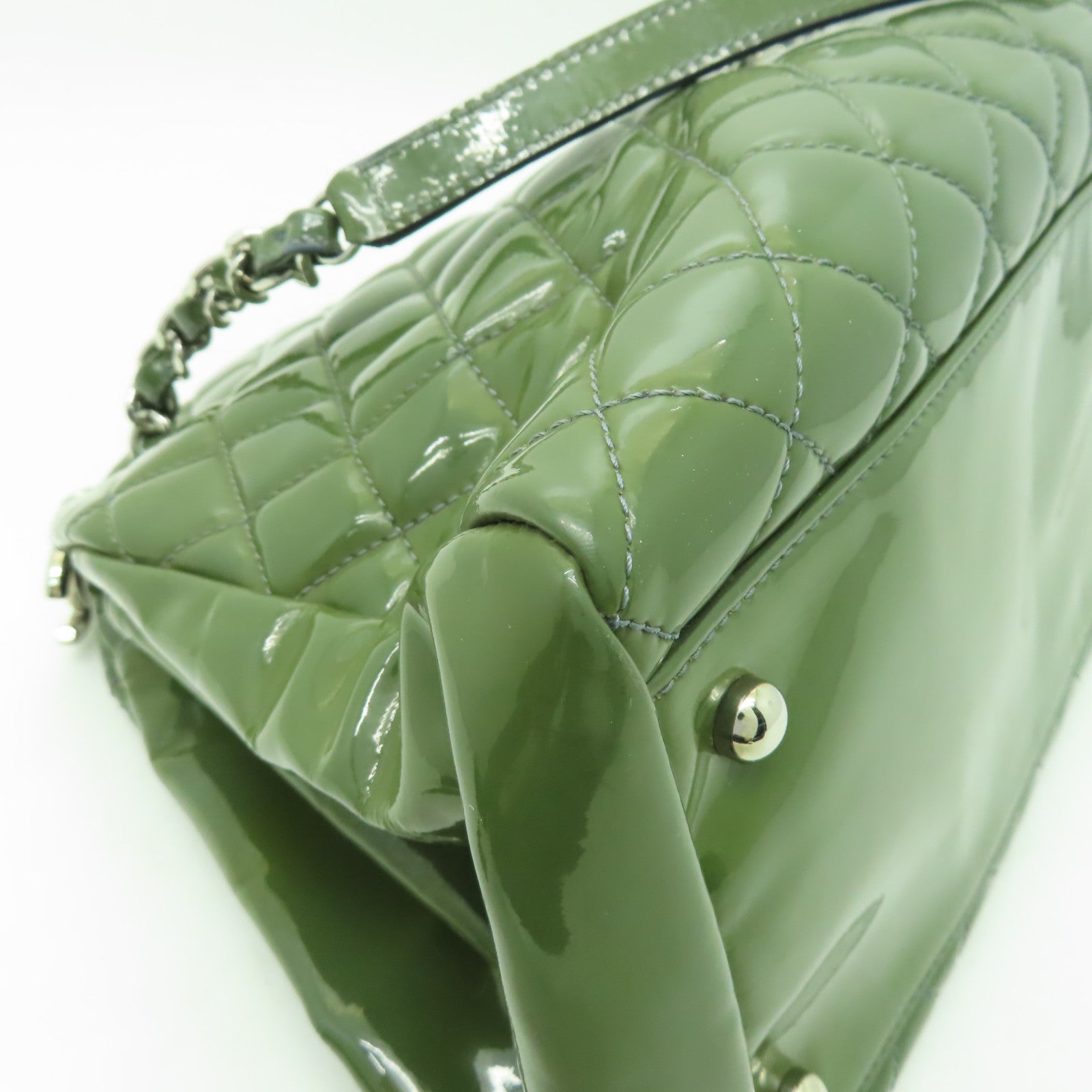 CHANEL 菱格漆皮皮革Chain Shoulder銀扣鏈帶肩背袋綠色