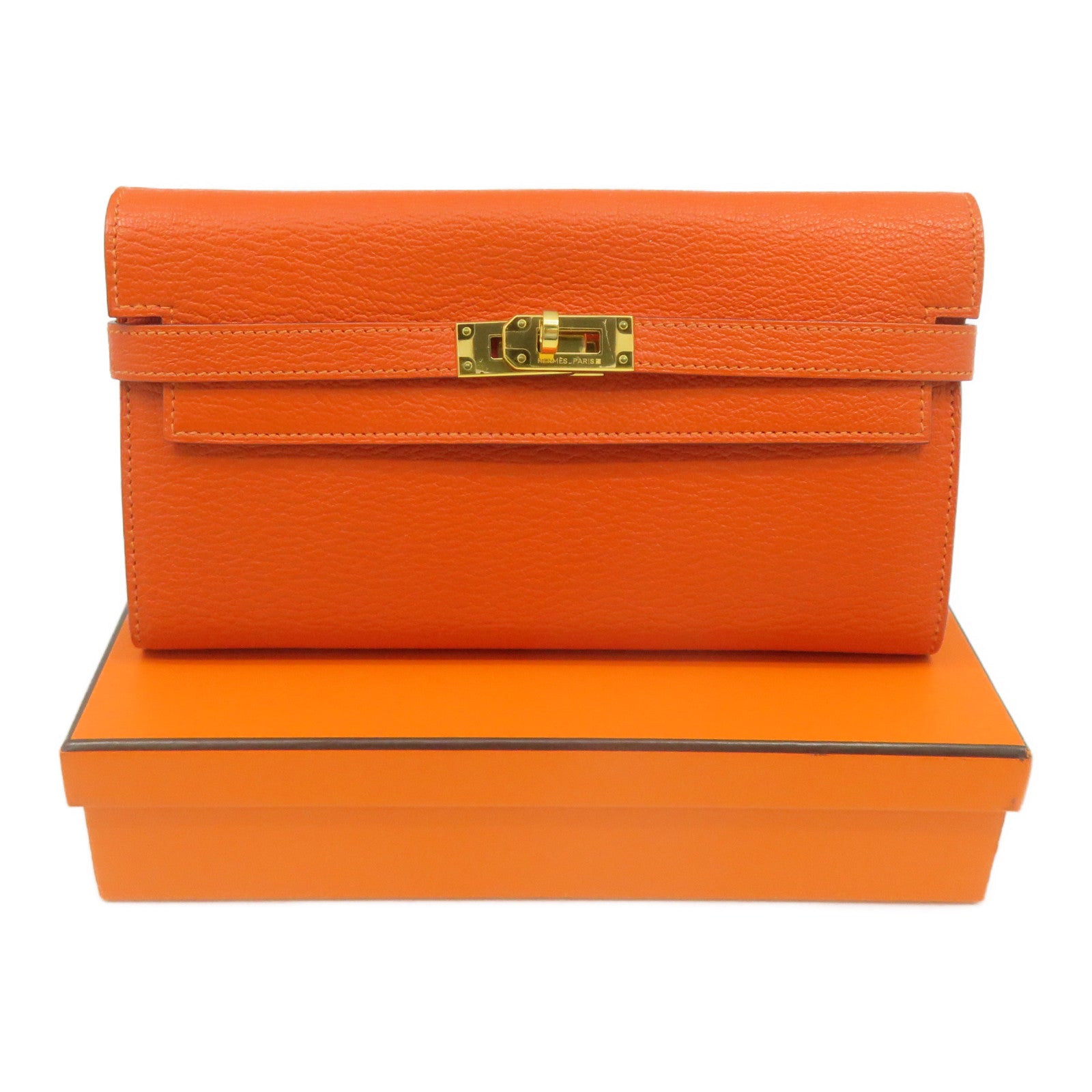HERMES 【激減優惠】Chevre皮革Kelly Wallet金扣長錢包橙色