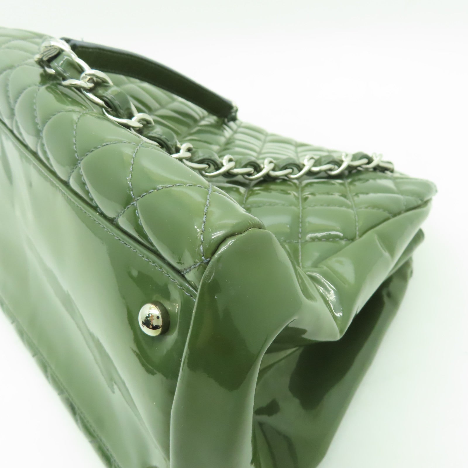 CHANEL 菱格漆皮皮革Chain Shoulder銀扣鏈帶肩背袋綠色