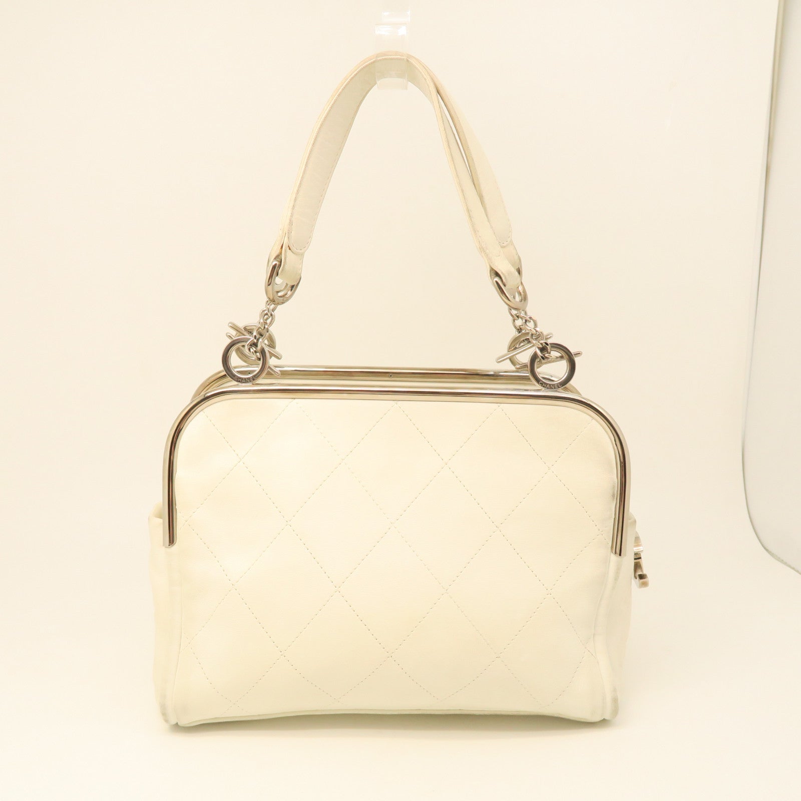 CHANEL cowhide leather Hand Bag silver buckle hand bag white