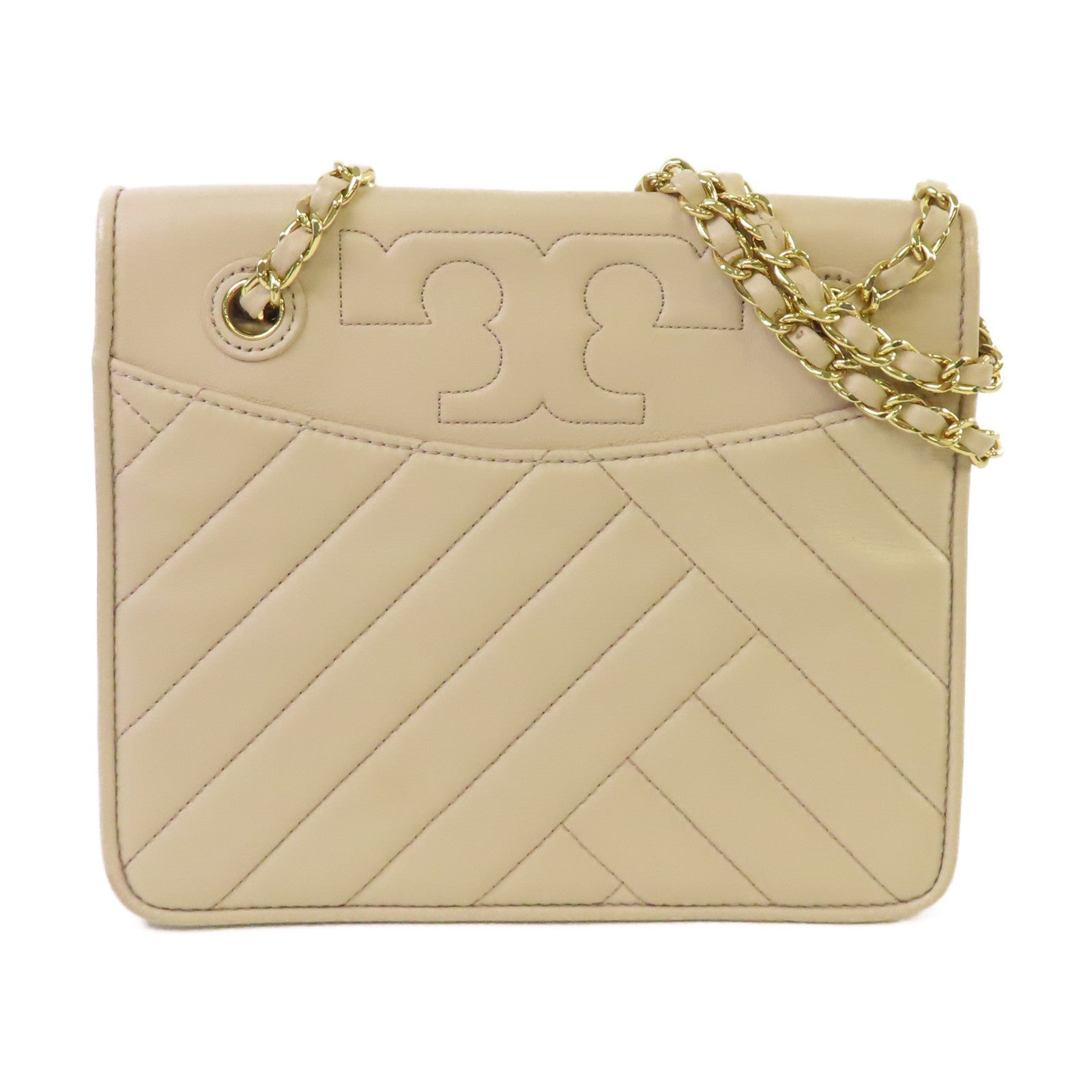 Tory Burch 牛皮皮革Chain Shoulder Bag金扣鏈帶肩背袋杏色