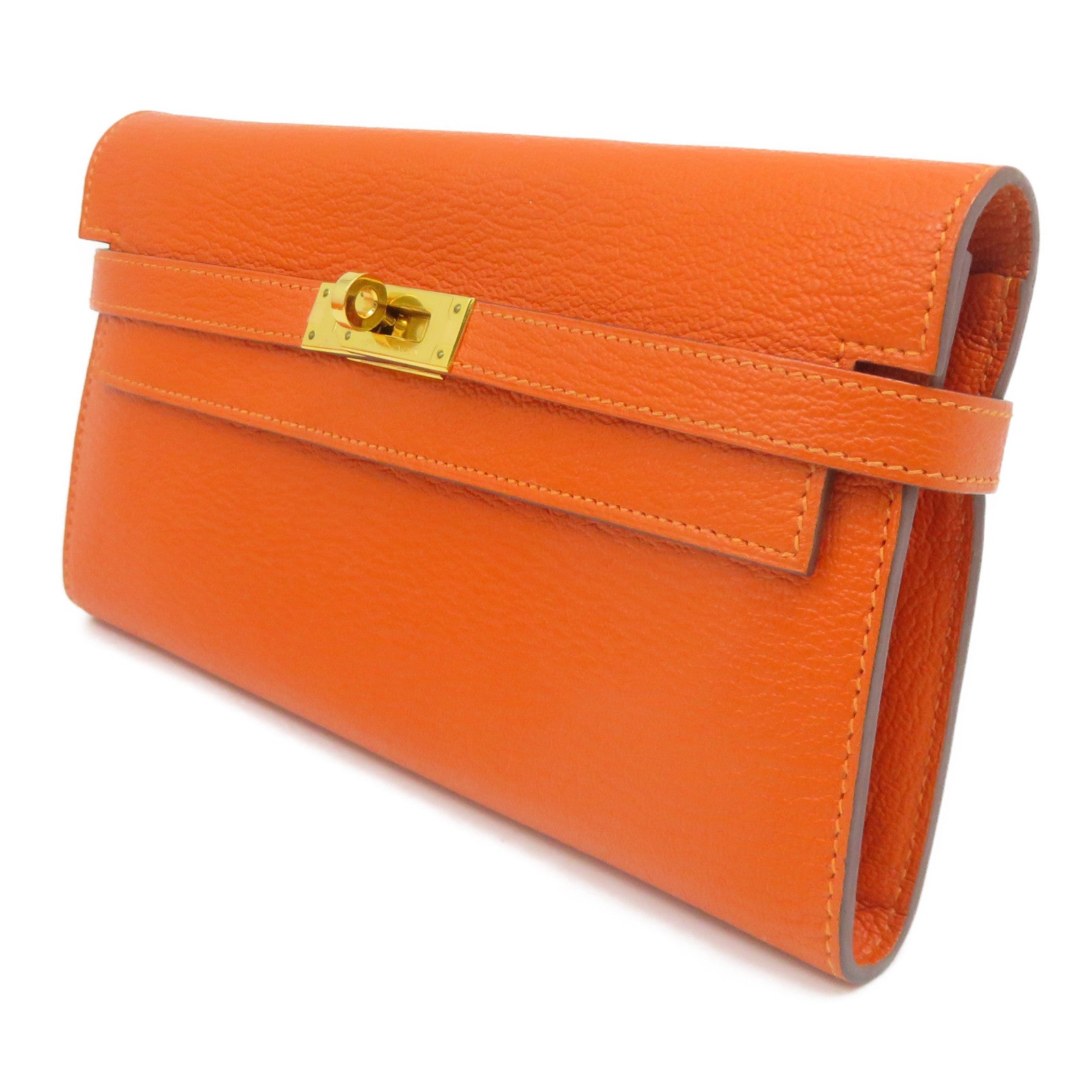 HERMES 【激減優惠】Chevre皮革Kelly Wallet金扣長錢包橙色