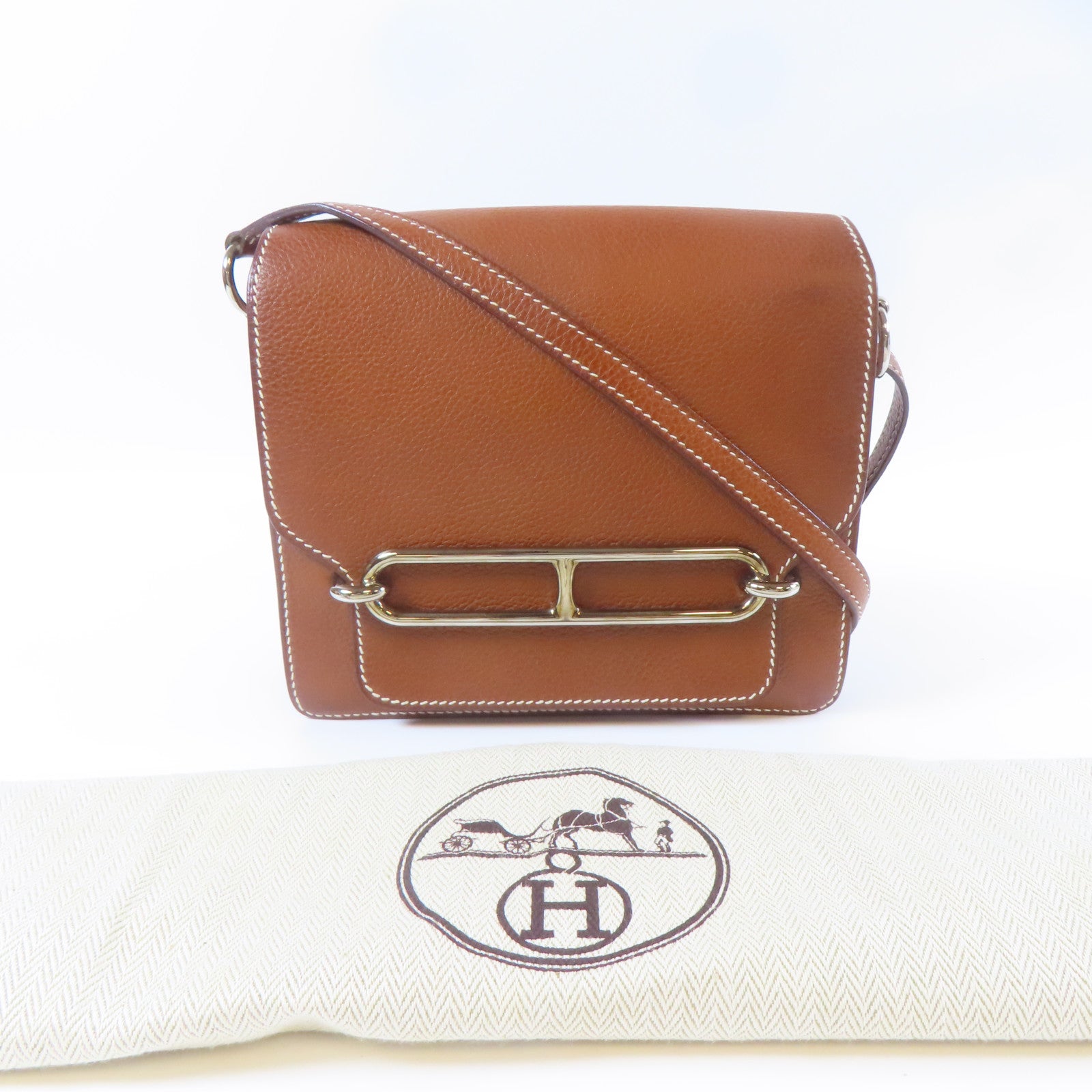 HERMES Evercolor皮革Mini Roulis銀扣肩背袋金色/經典駝色