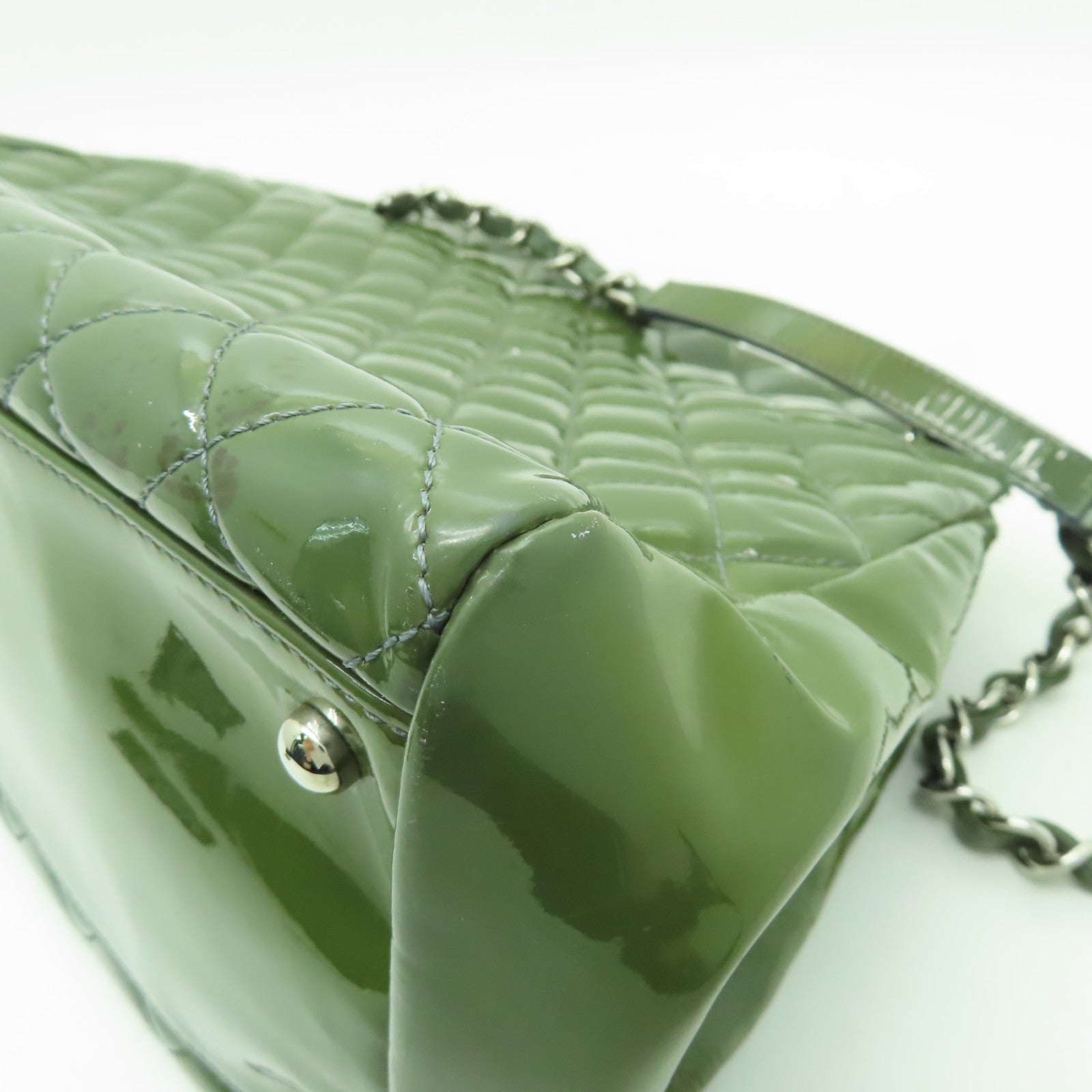 CHANEL 菱格漆皮皮革Chain Shoulder銀扣鏈帶肩背袋綠色