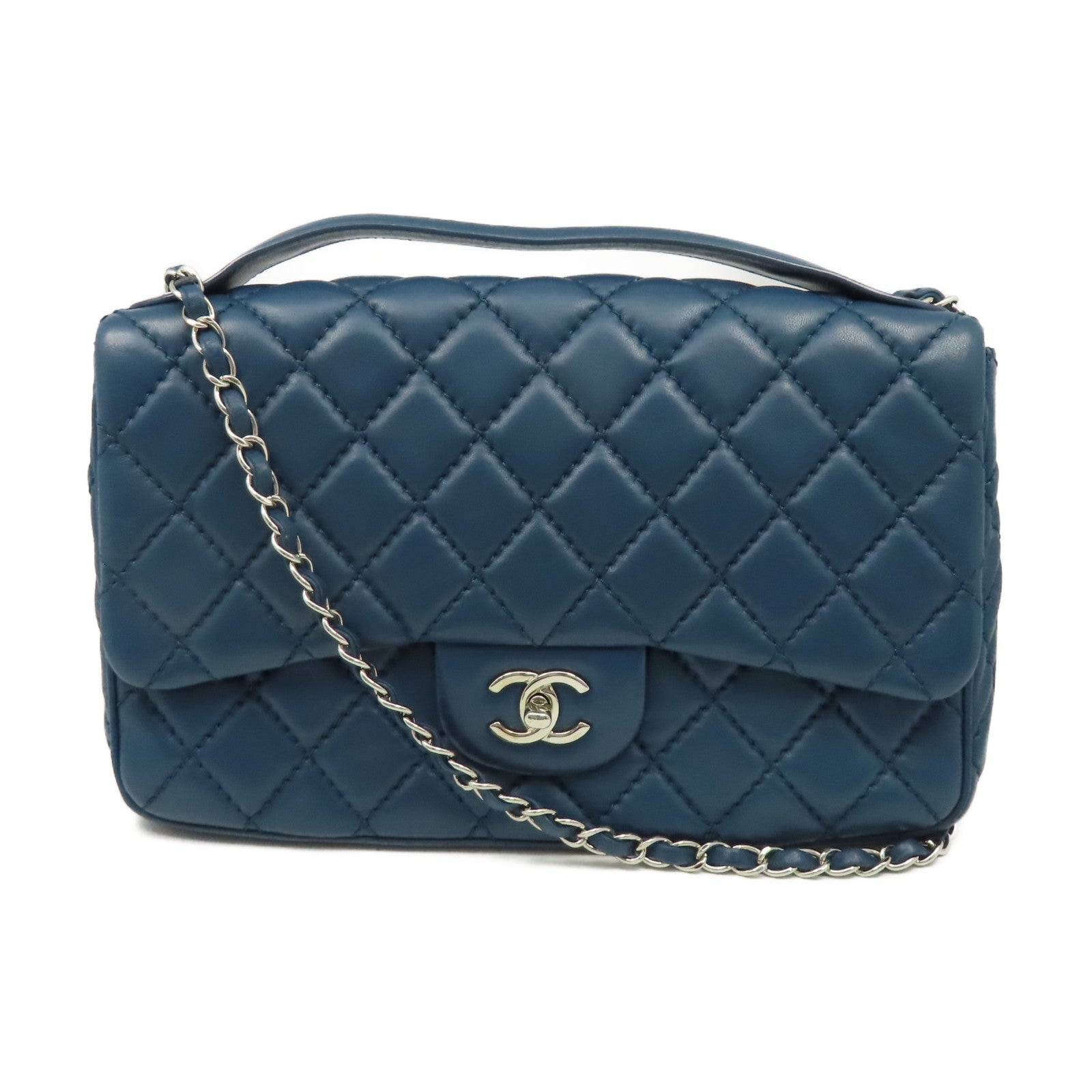 CHANEL 菱格羊皮皮革Chain Shoulder銀扣鏈帶肩背袋藍色