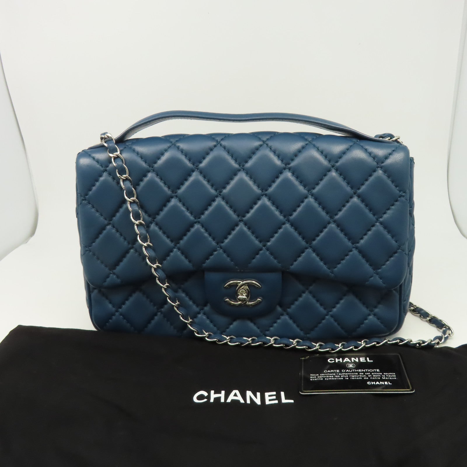 CHANEL 菱格羊皮皮革Chain Shoulder銀扣鏈帶肩背袋藍色