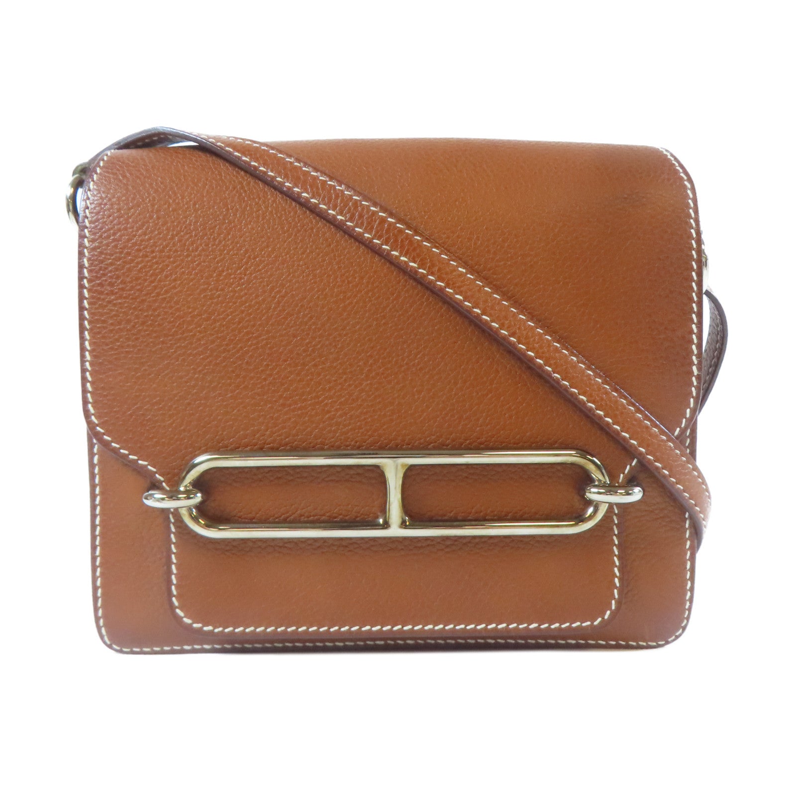 HERMES Evercolor皮革Mini Roulis銀扣肩背袋金色/經典駝色