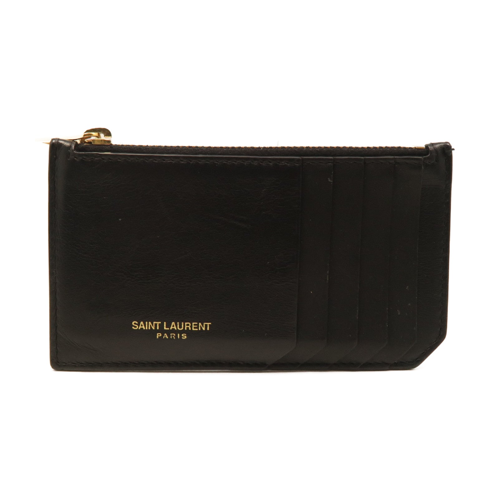 SAINT LAURENT Calf Leather Card Case Gold Buckle Black