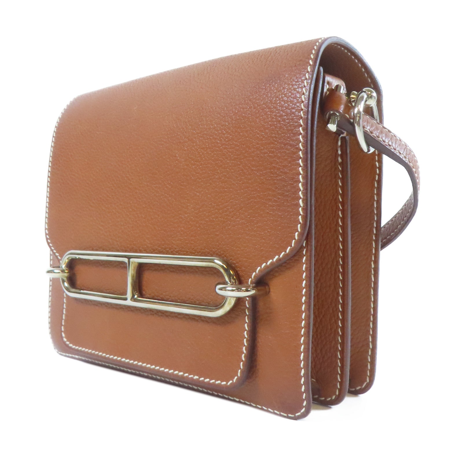 HERMES Evercolor皮革Mini Roulis銀扣肩背袋金色/經典駝色