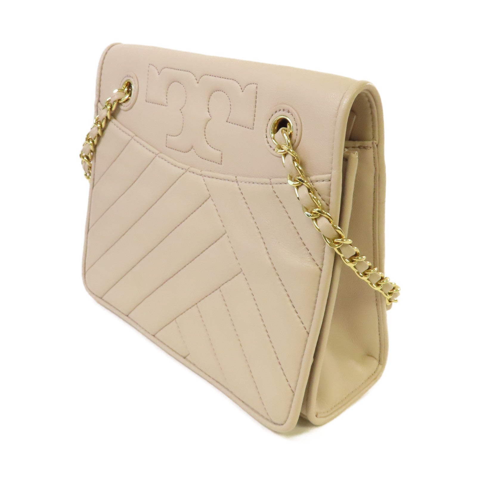 Tory Burch 牛皮皮革Chain Shoulder Bag金扣鏈帶肩背袋杏色