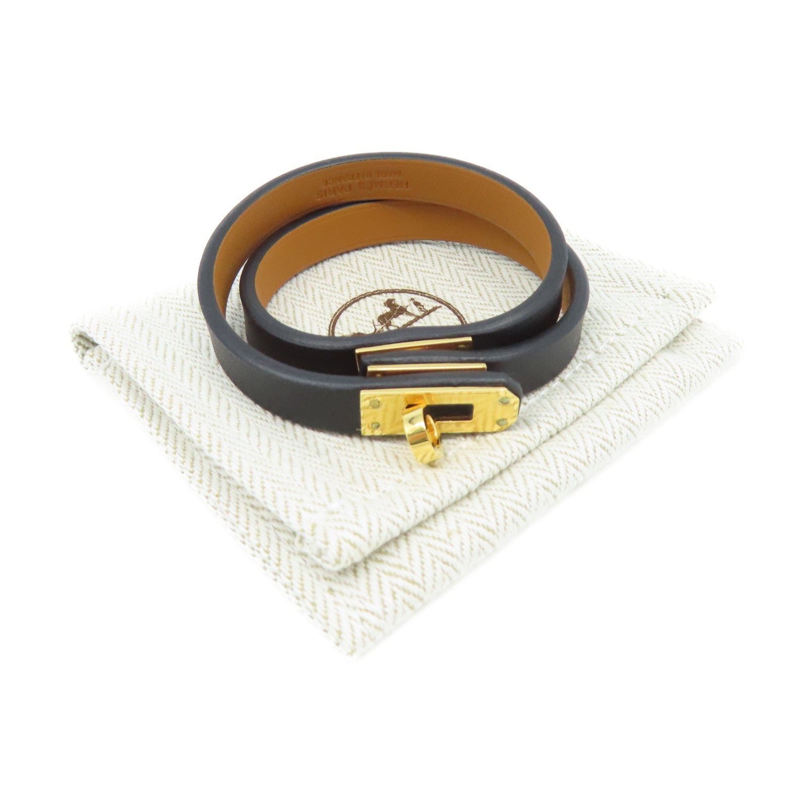HERMES Swift皮革Mini Kelly Double Tour Bracelet金扣手鏈金色/大象灰色
