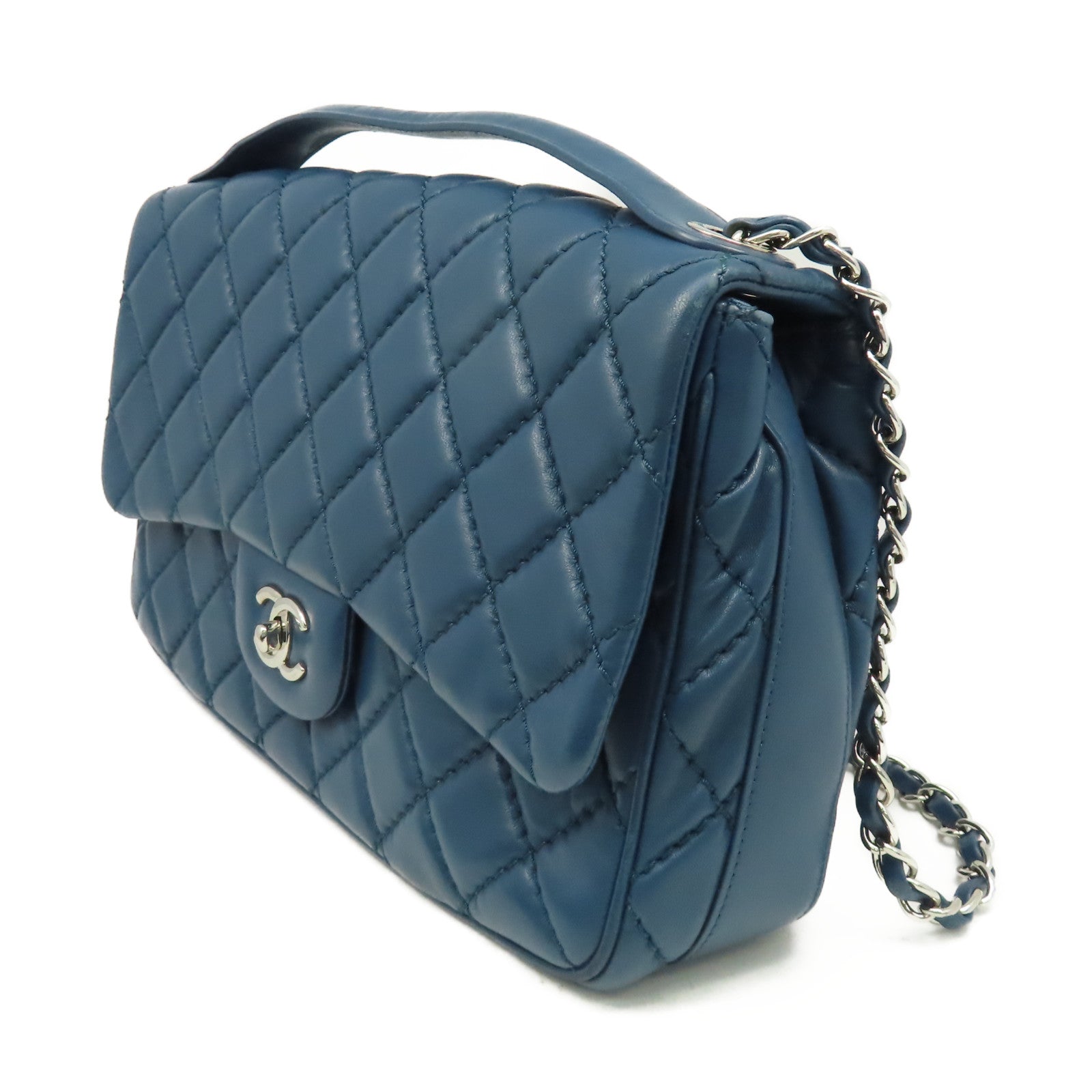 CHANEL 菱格羊皮皮革Chain Shoulder銀扣鏈帶肩背袋藍色