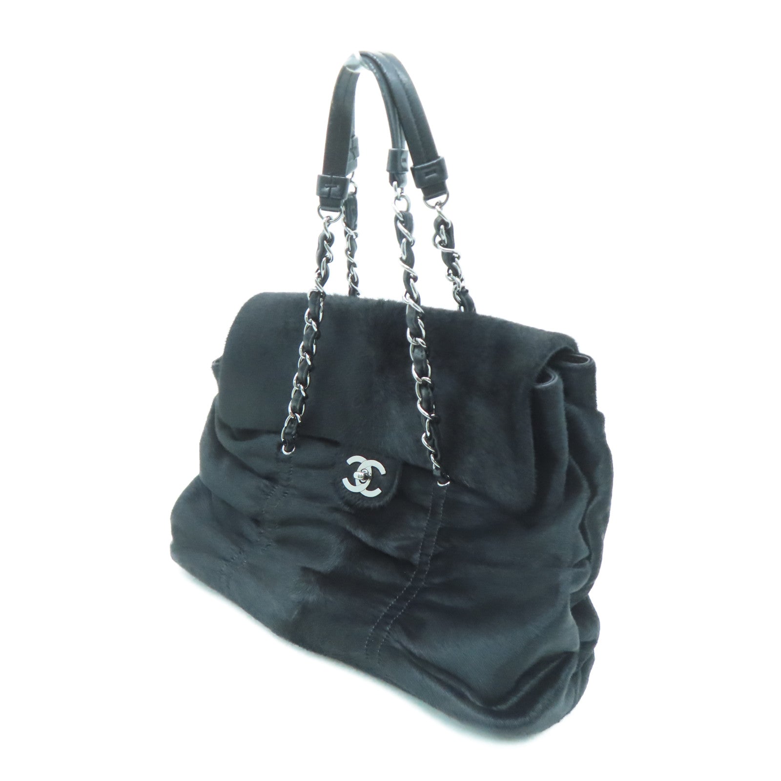 CHANEL 【激减优惠】马毛Chain Shoulder银扣链带肩背袋黑色