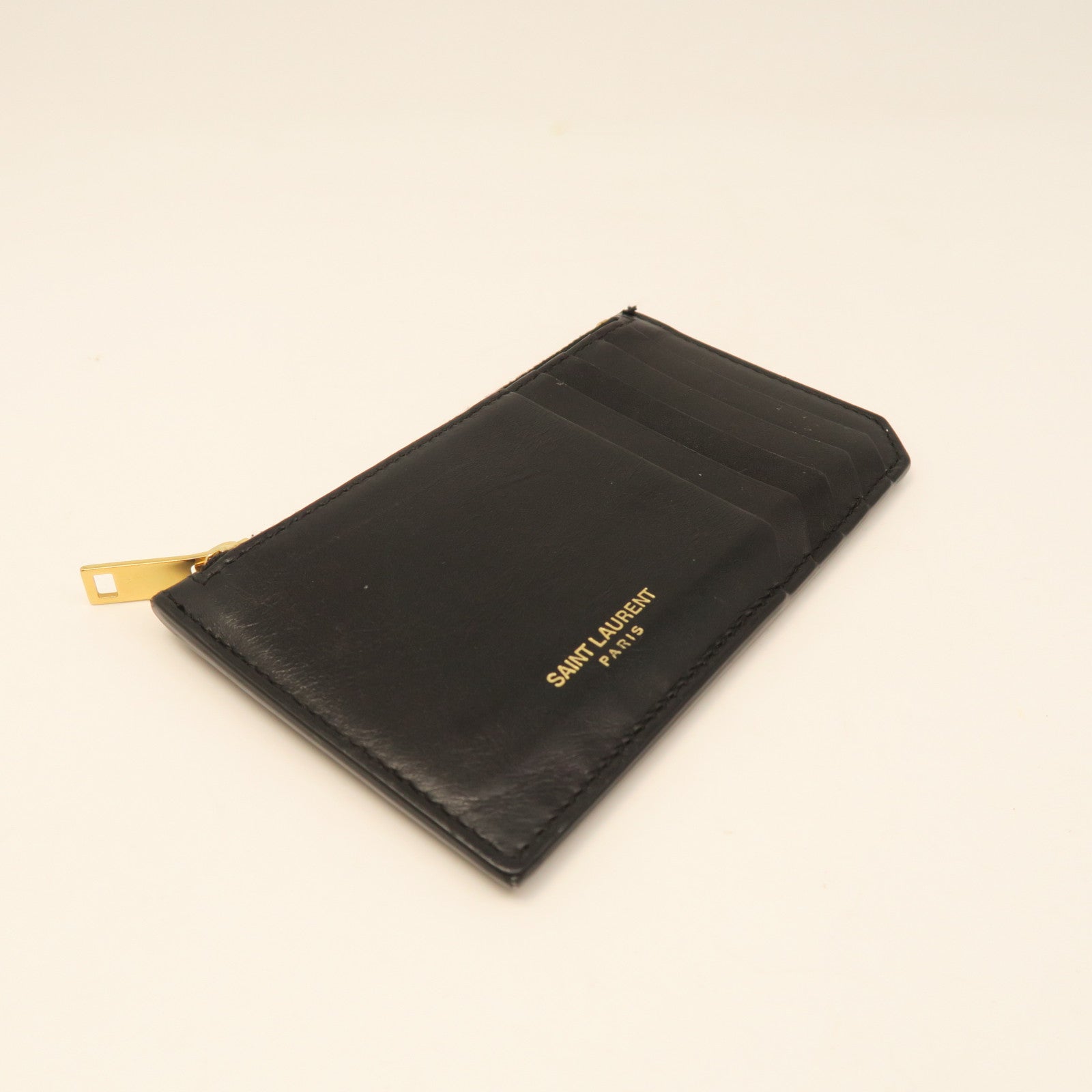 SAINT LAURENT Calf Leather Card Case Gold Buckle Black