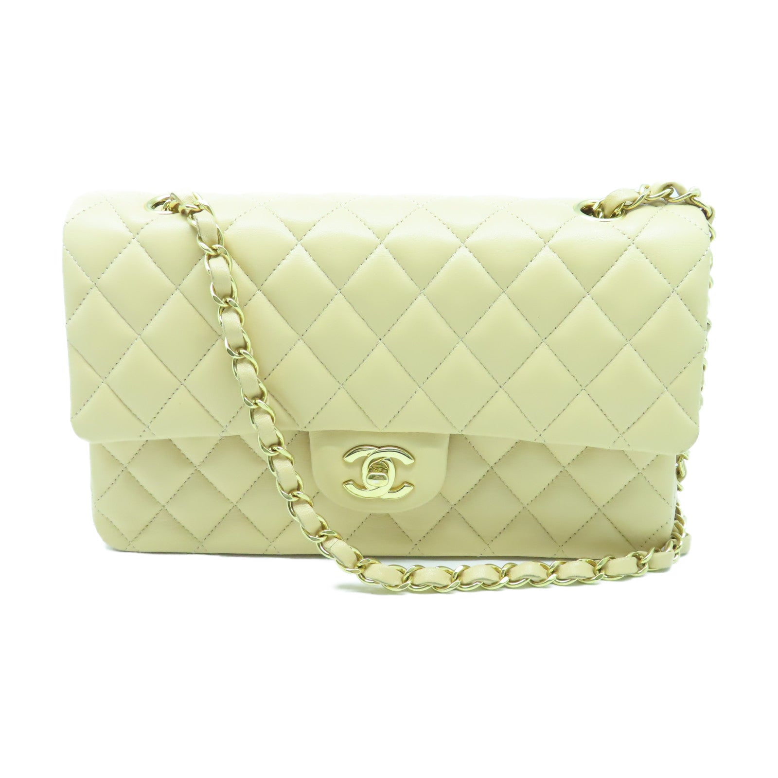 CHANEL 菱格羊皮皮革Classic 25cm金扣鏈帶肩背袋米色