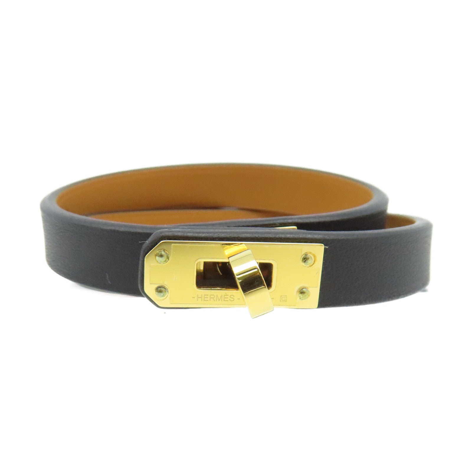 HERMES Swift皮革Mini Kelly Double Tour Bracelet金扣手鏈金色/大象灰色