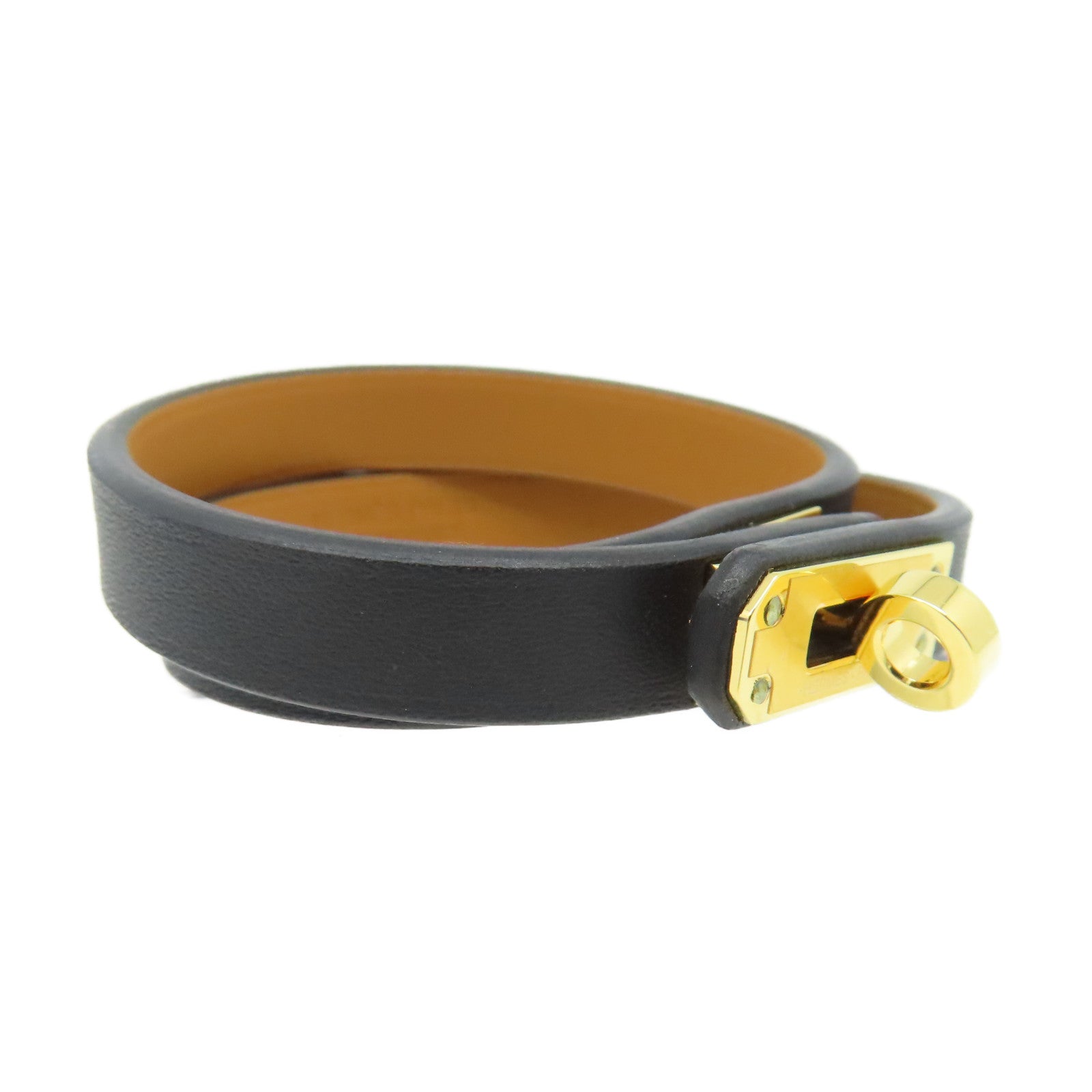 HERMES Swift皮革Mini Kelly Double Tour Bracelet金扣手鏈金色/大象灰色