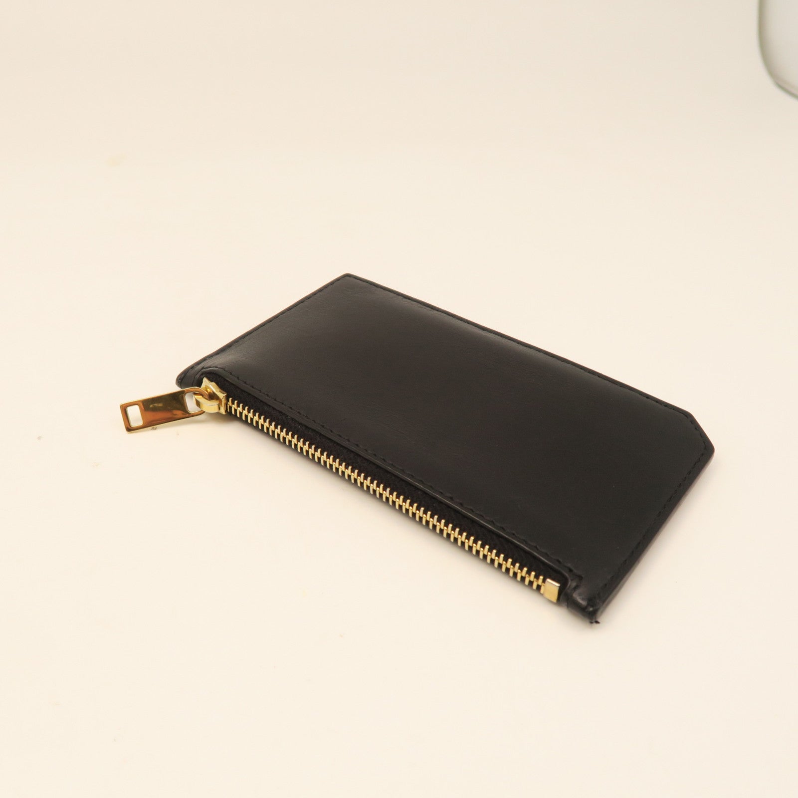 SAINT LAURENT Calf Leather Card Case Gold Buckle Black