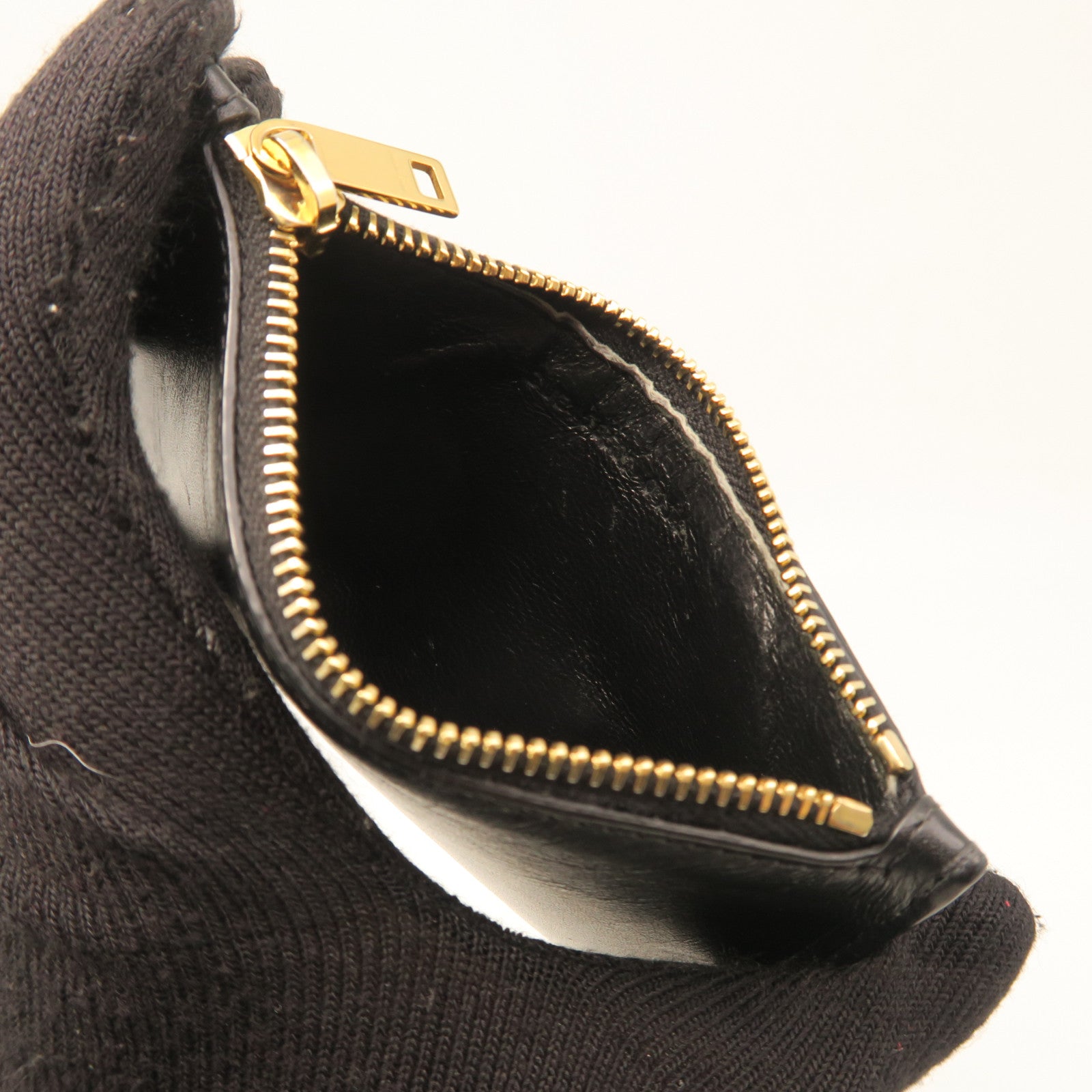 SAINT LAURENT Calf Leather Card Case Gold Buckle Black
