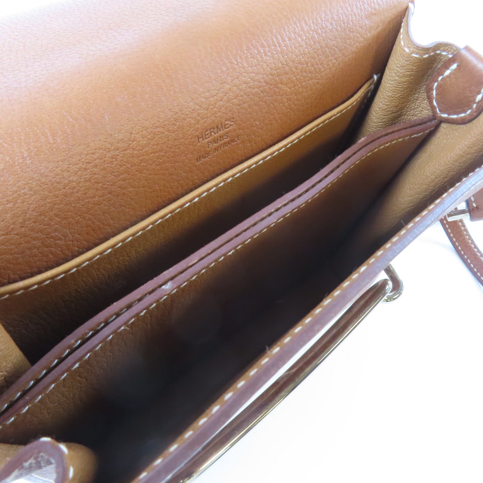 HERMES Evercolor皮革Mini Roulis銀扣肩背袋金色/經典駝色