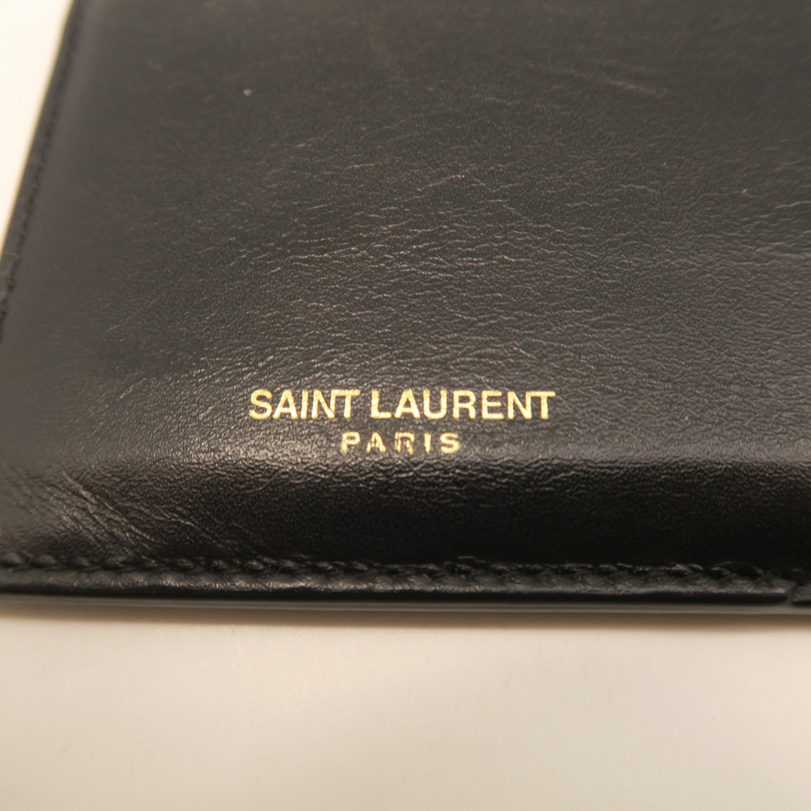 SAINT LAURENT Calf Leather Card Case Gold Buckle Black