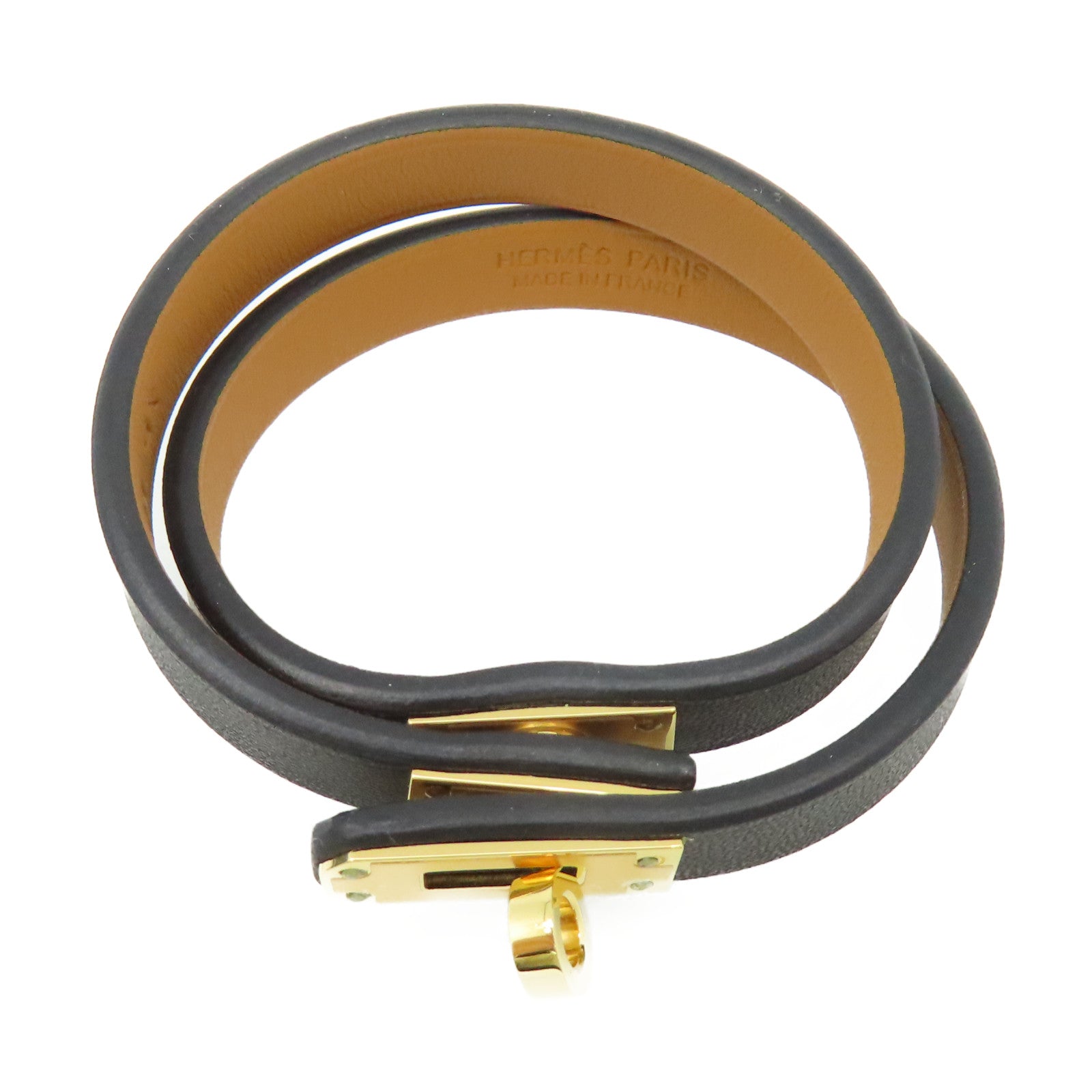 HERMES Swift皮革Mini Kelly Double Tour Bracelet金扣手鏈金色/大象灰色