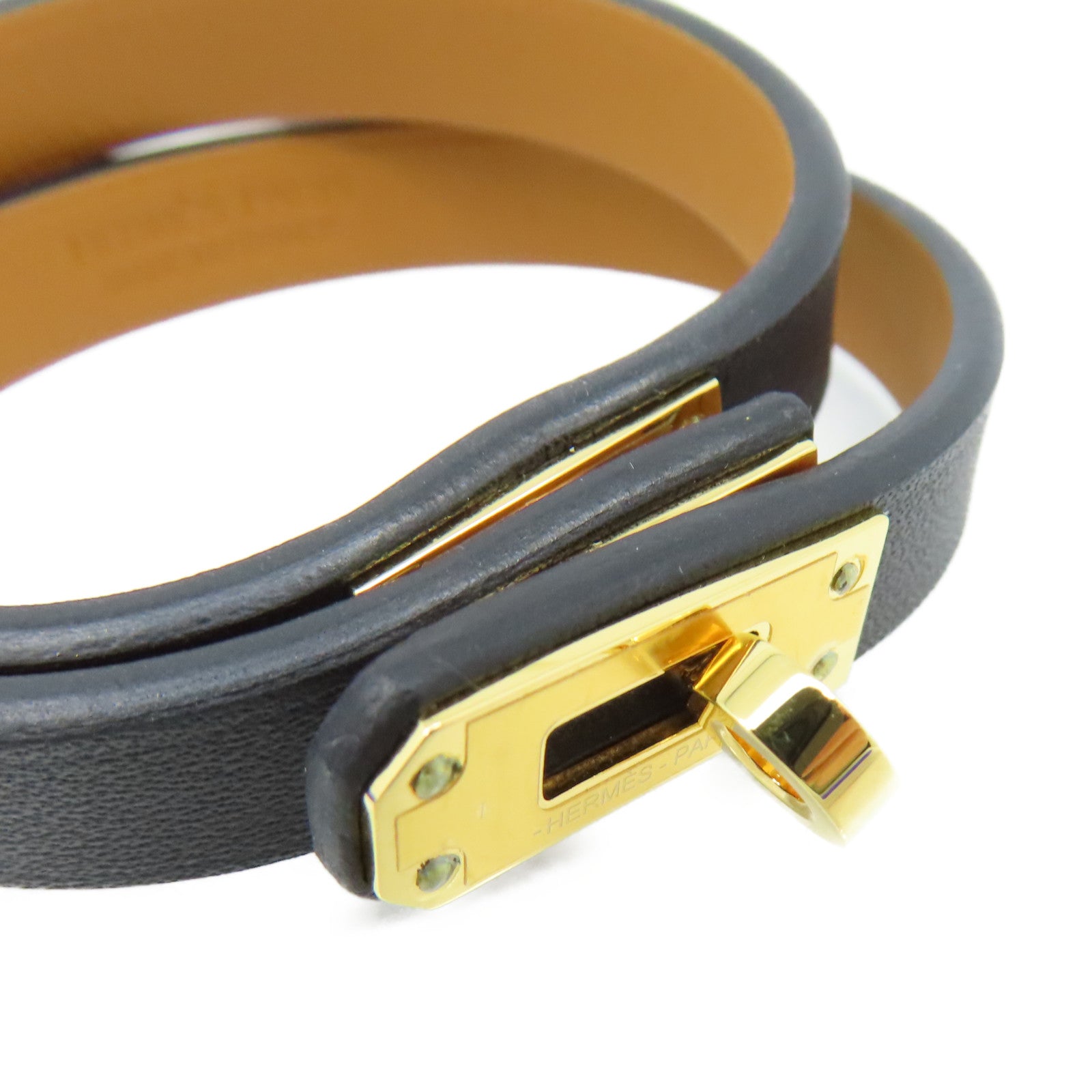 HERMES Swift皮革Mini Kelly Double Tour Bracelet金扣手鏈金色/大象灰色
