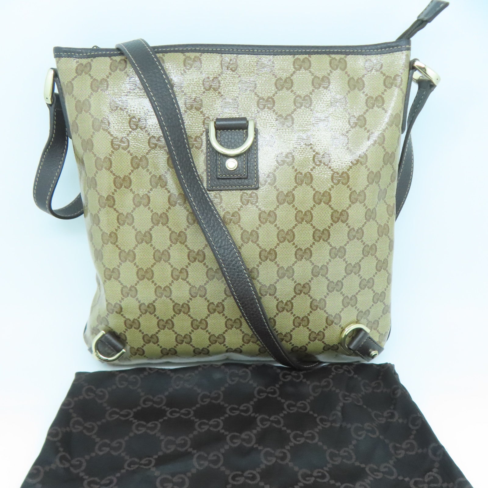 GUCCI 塗層帆布/牛皮皮革Shoulder Bag銀扣肩背袋啡色