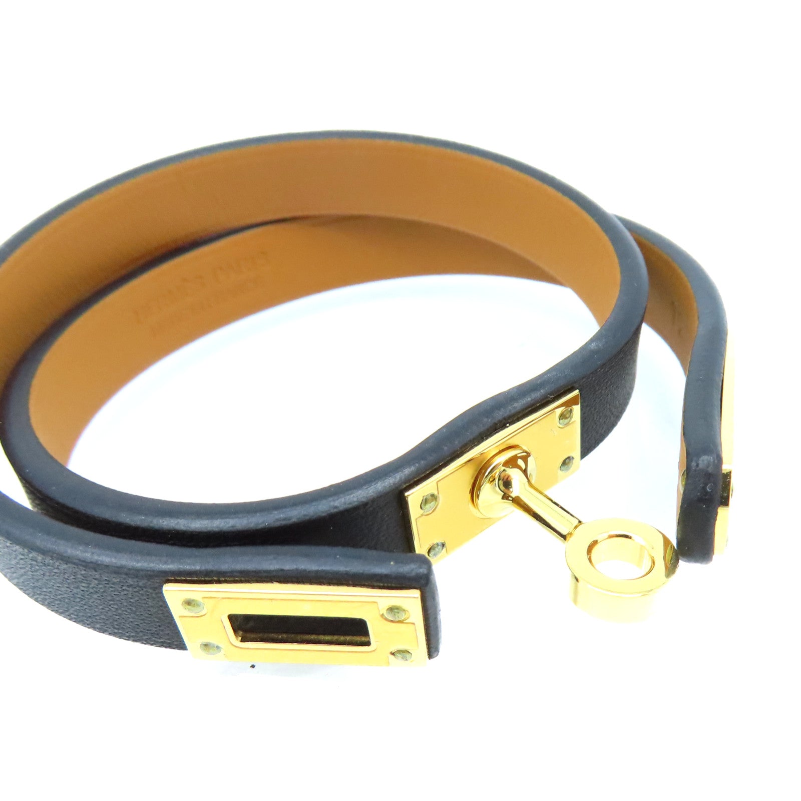 HERMES Swift皮革Mini Kelly Double Tour Bracelet金扣手鏈金色/大象灰色