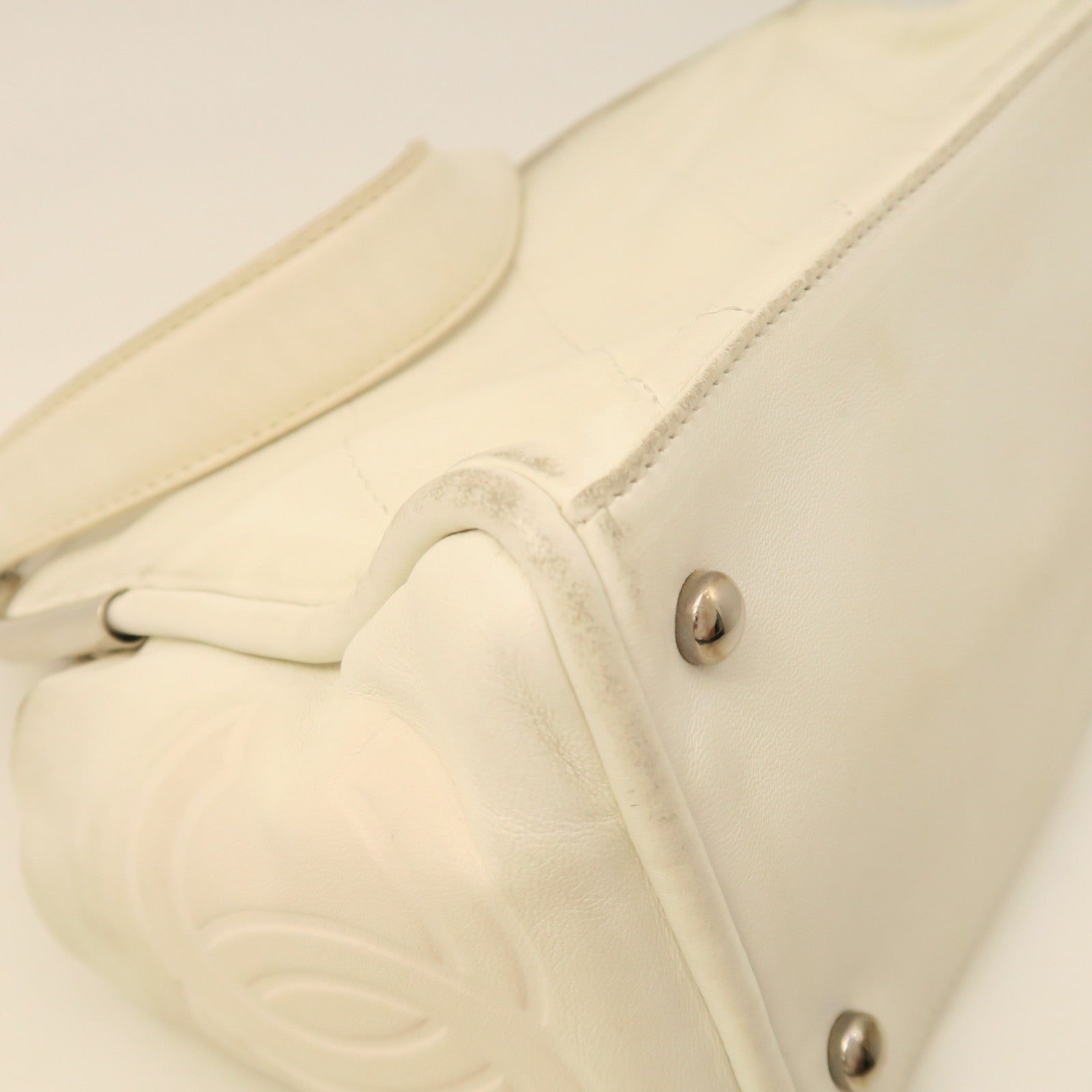 CHANEL cowhide leather Hand Bag silver buckle hand bag white