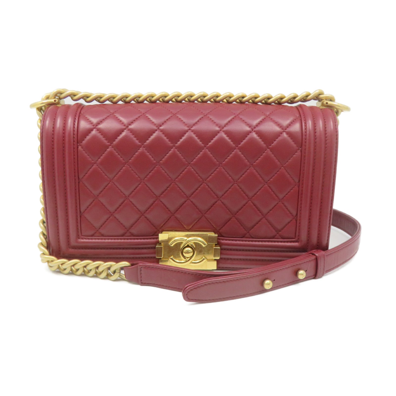 CHANEL 菱格羊皮皮革Boy Chanel Chain Shoulder Bag金扣链带肩背袋红色