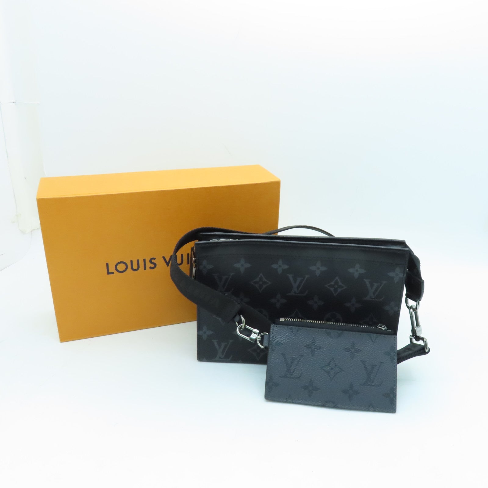 LOUIS VUITTON Monogram Eclipse Gaston Silver Buckle Shoulder Bag Black