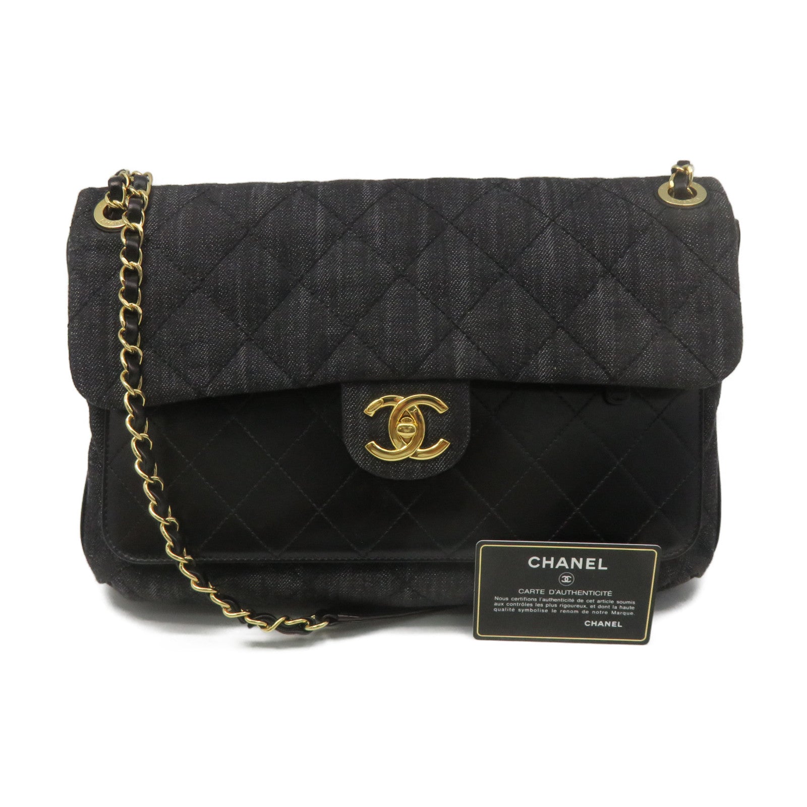 CHANEL Rhombus Denim Chain Shoulder Bag Gold Buckle Chain Belt Shoulder Bag Black