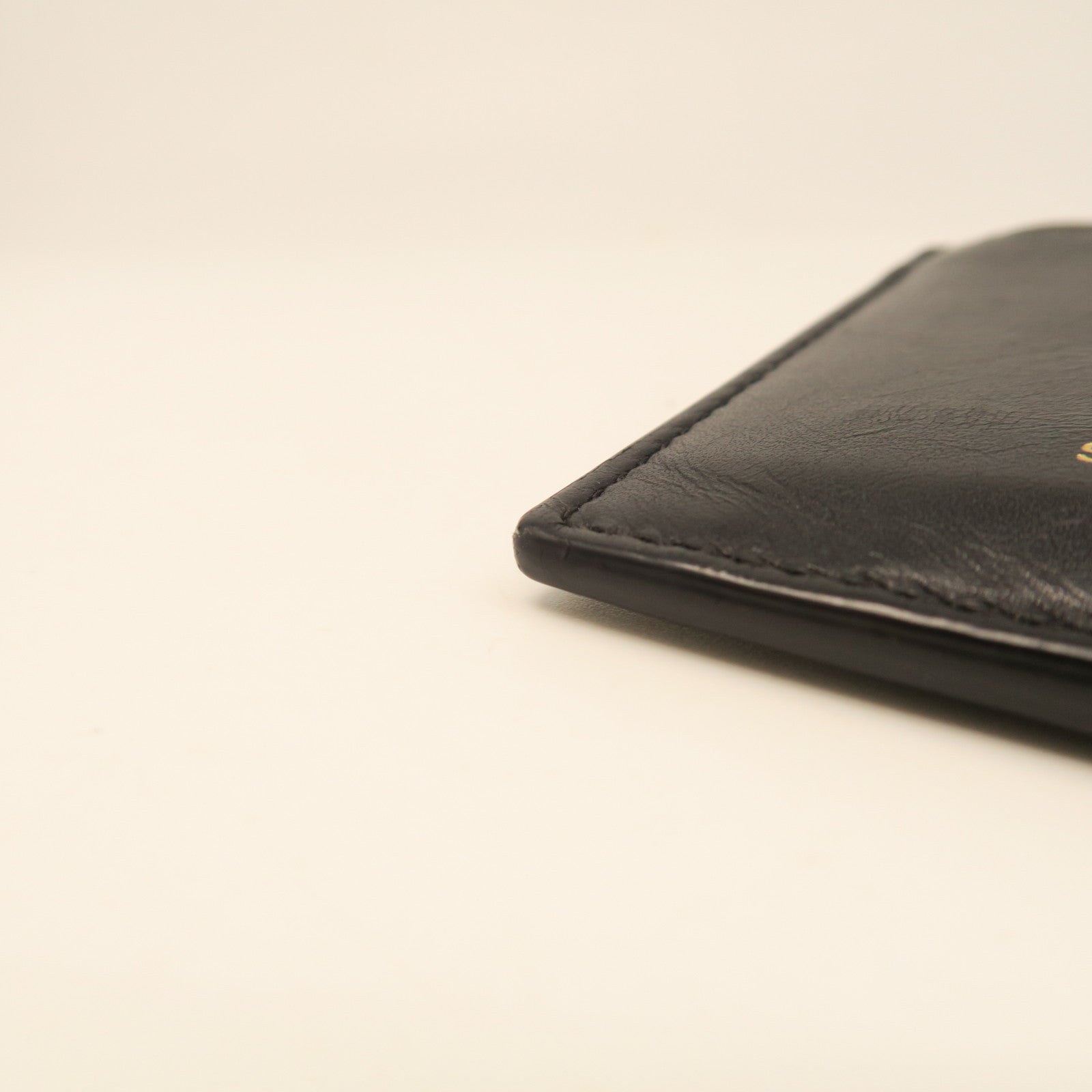 SAINT LAURENT Calf Leather Card Case Gold Buckle Black