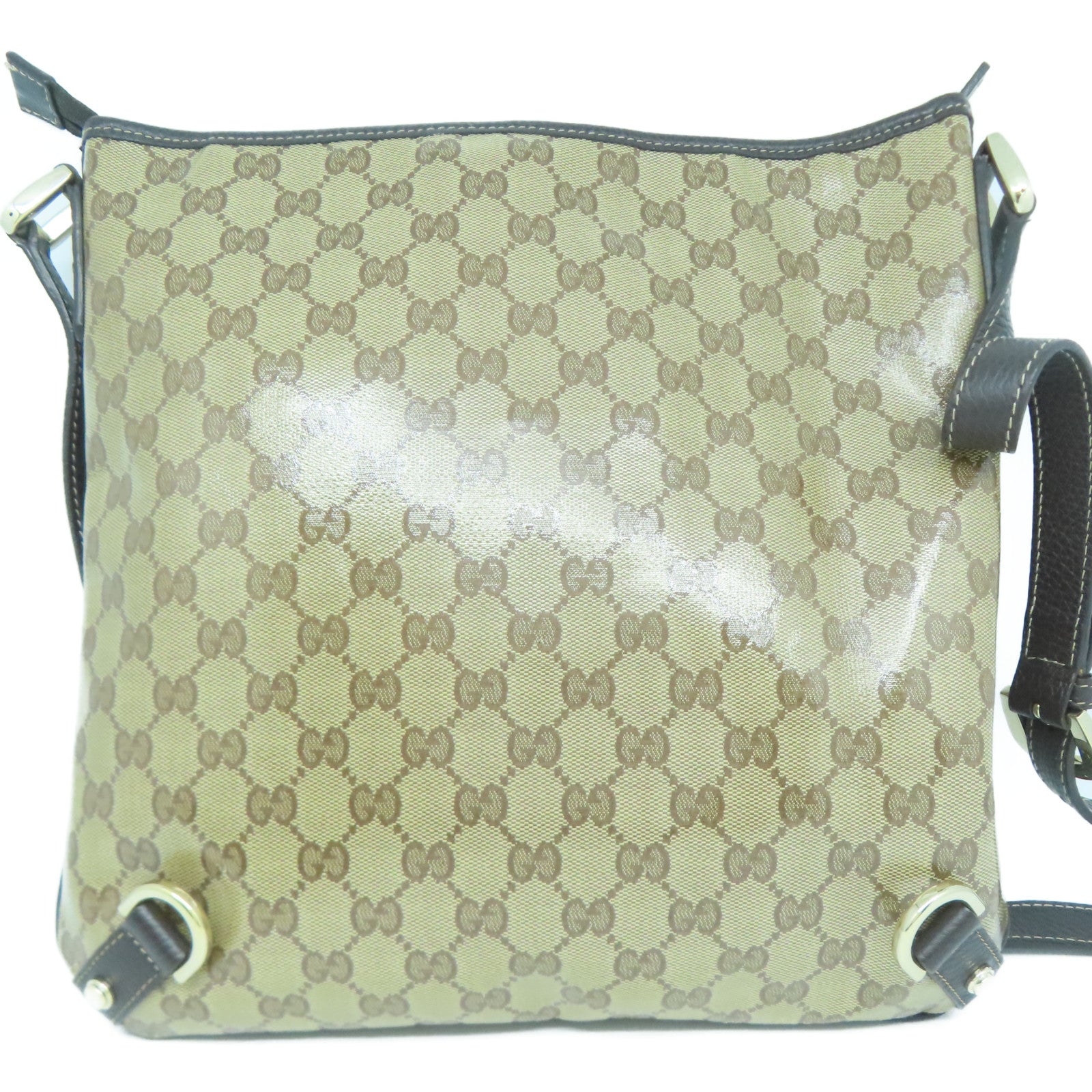 GUCCI 塗層帆布/牛皮皮革Shoulder Bag銀扣肩背袋啡色
