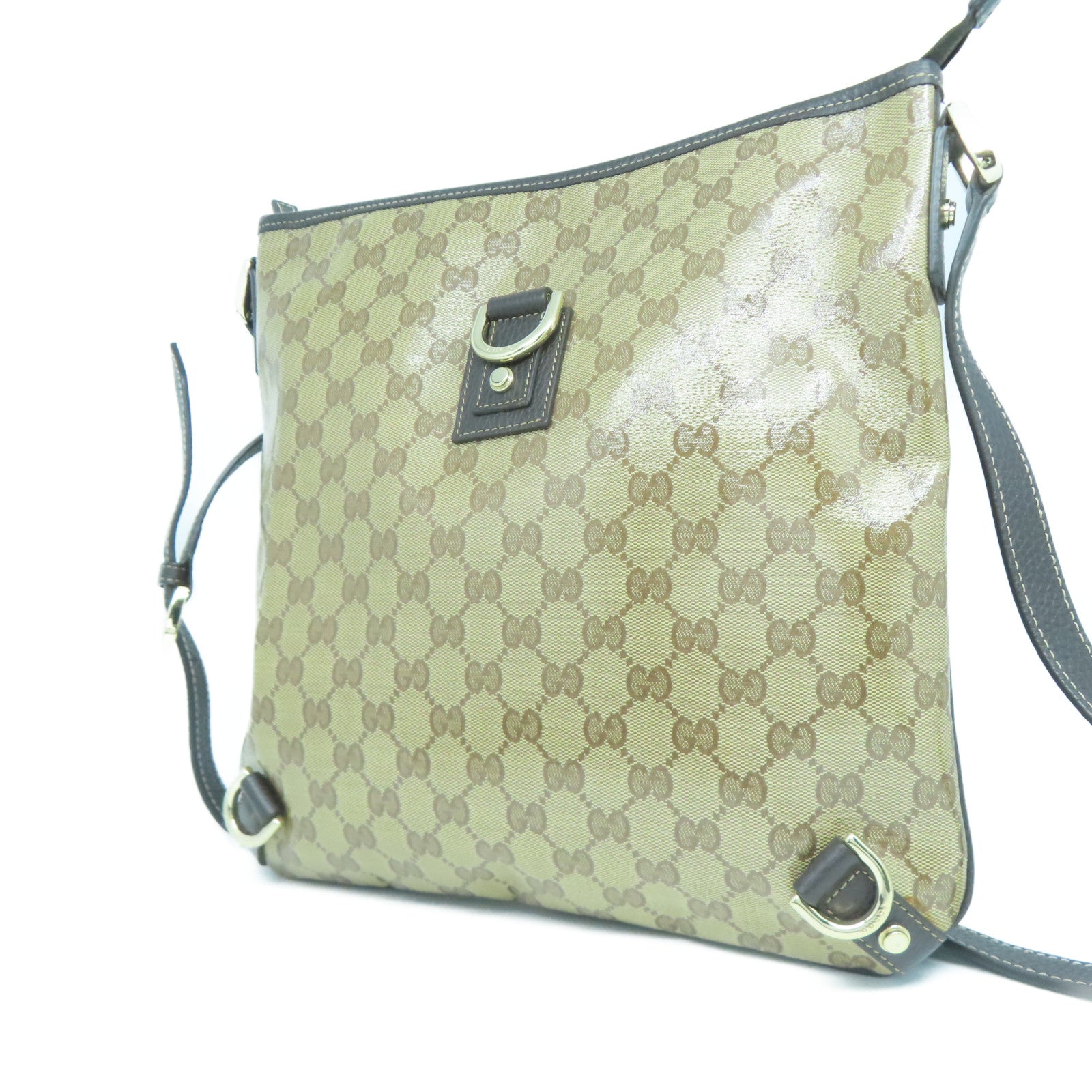 GUCCI 塗層帆布/牛皮皮革Shoulder Bag銀扣肩背袋啡色