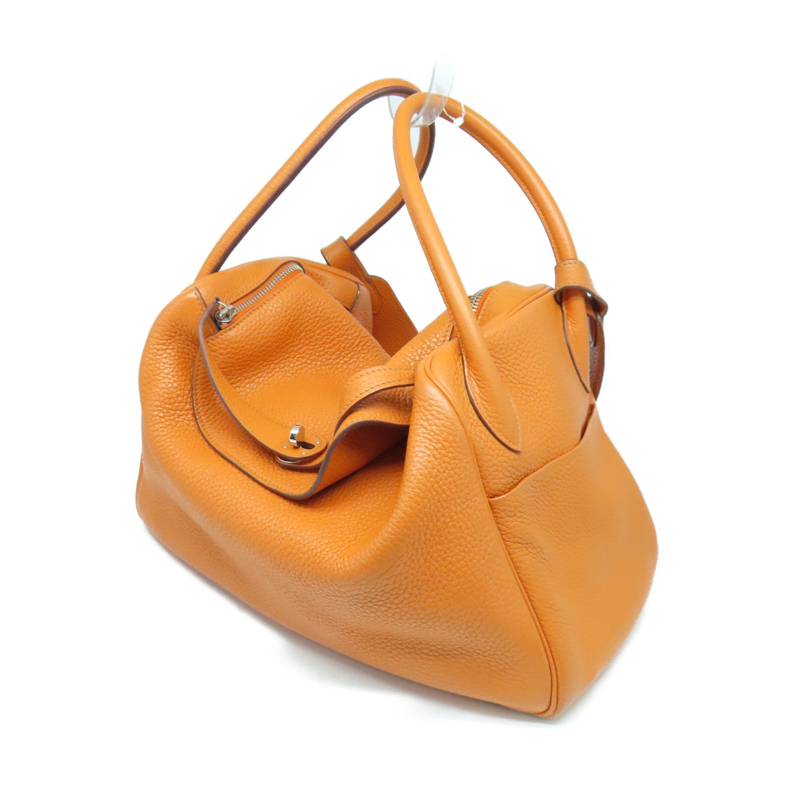 HERMES Taurillon Clemence Leather Lindy 34 Silver Buckle Handle Shoulder Bag Orange