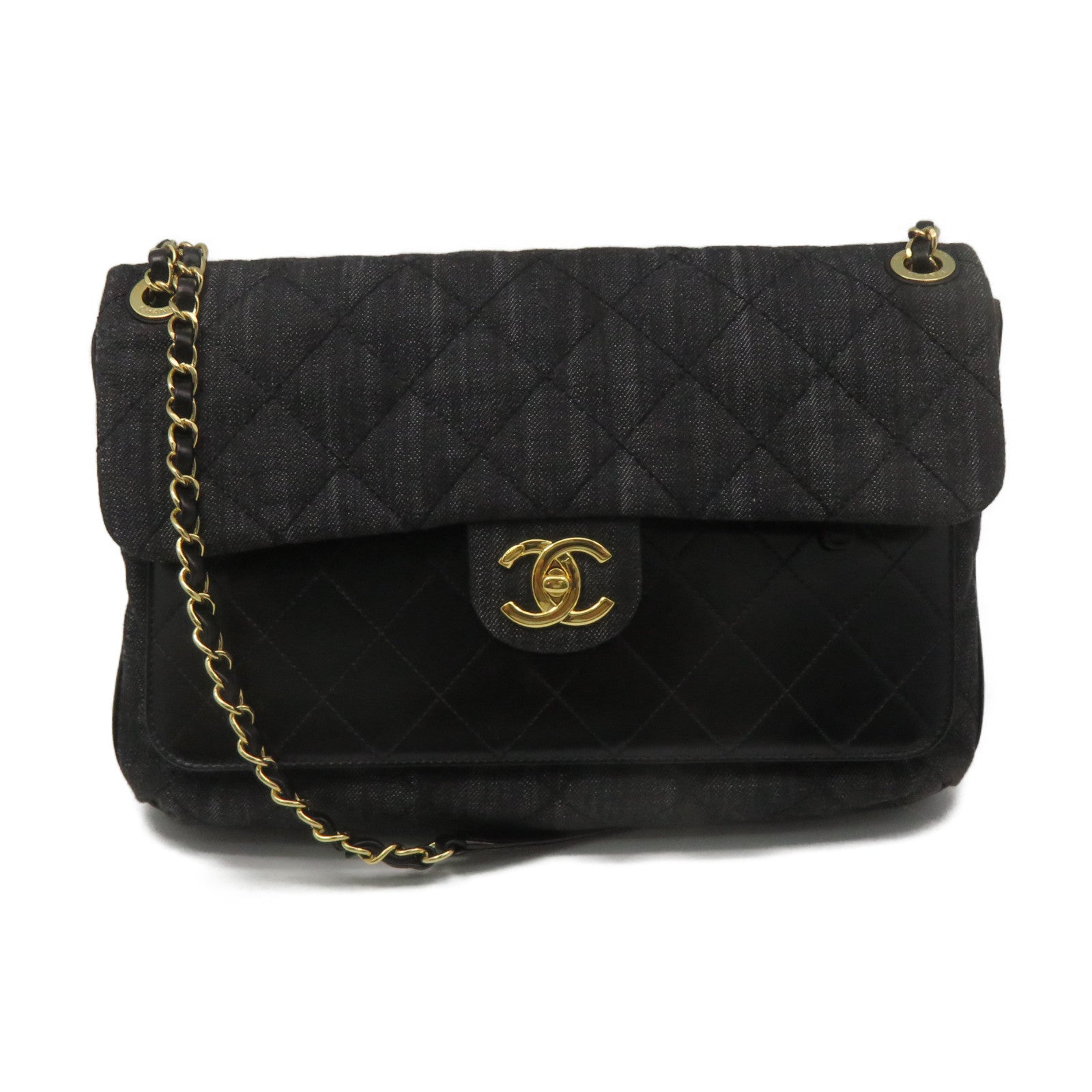 CHANEL Rhombus Denim Chain Shoulder Bag Gold Buckle Chain Belt Shoulder Bag Black