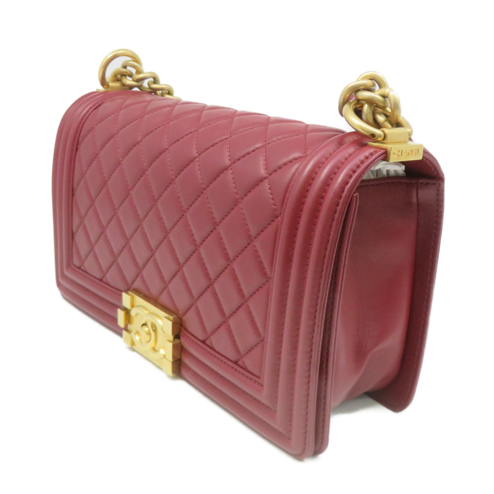 CHANEL 菱格羊皮皮革Boy Chanel Chain Shoulder Bag金扣链带肩背袋红色