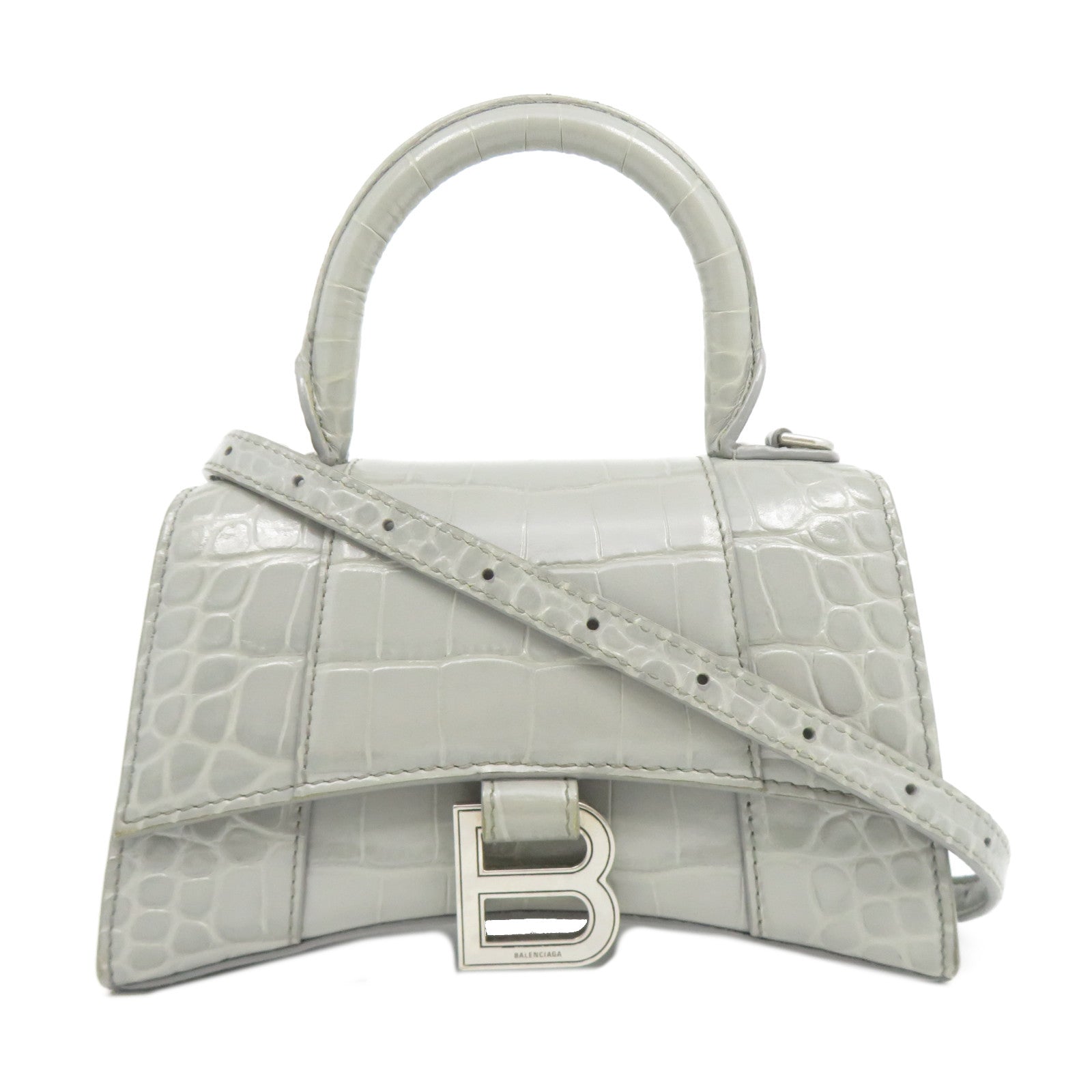 BALENCIAGA 牛皮皮革Hourglass XS銀扣手挽肩背兩用袋灰色