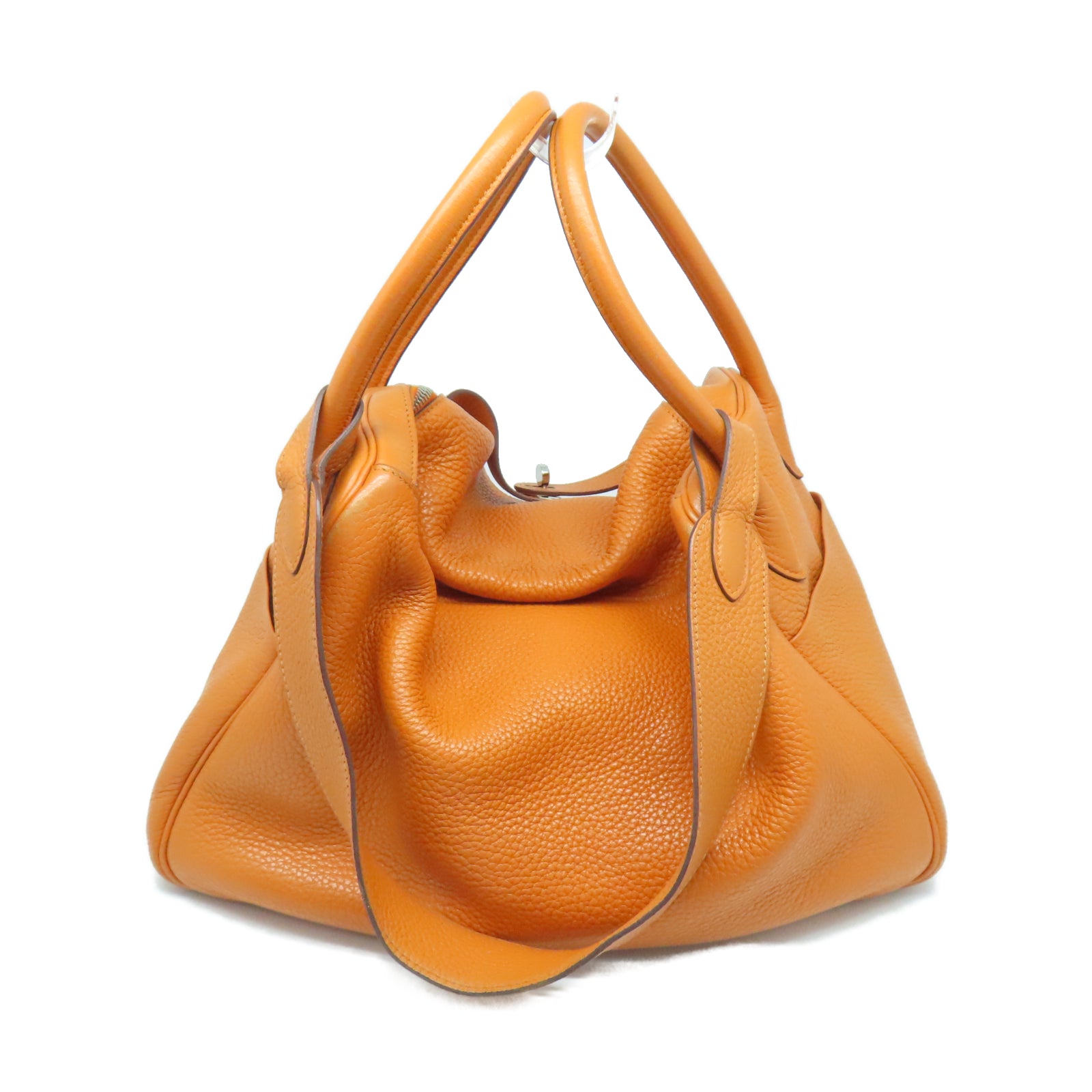 HERMES Taurillon Clemence Leather Lindy 34 Silver Buckle Handle Shoulder Bag Orange