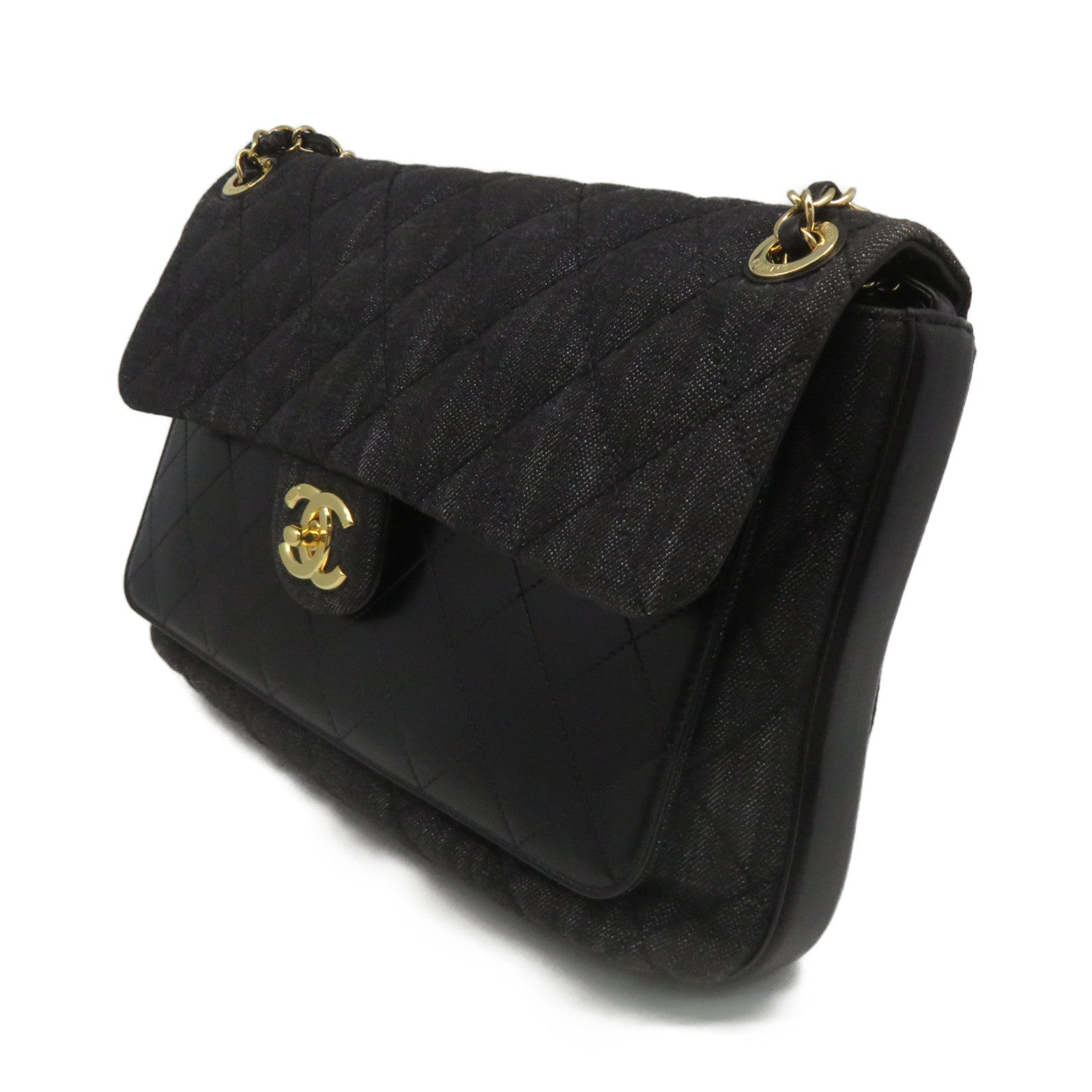 CHANEL Rhombus Denim Chain Shoulder Bag Gold Buckle Chain Belt Shoulder Bag Black
