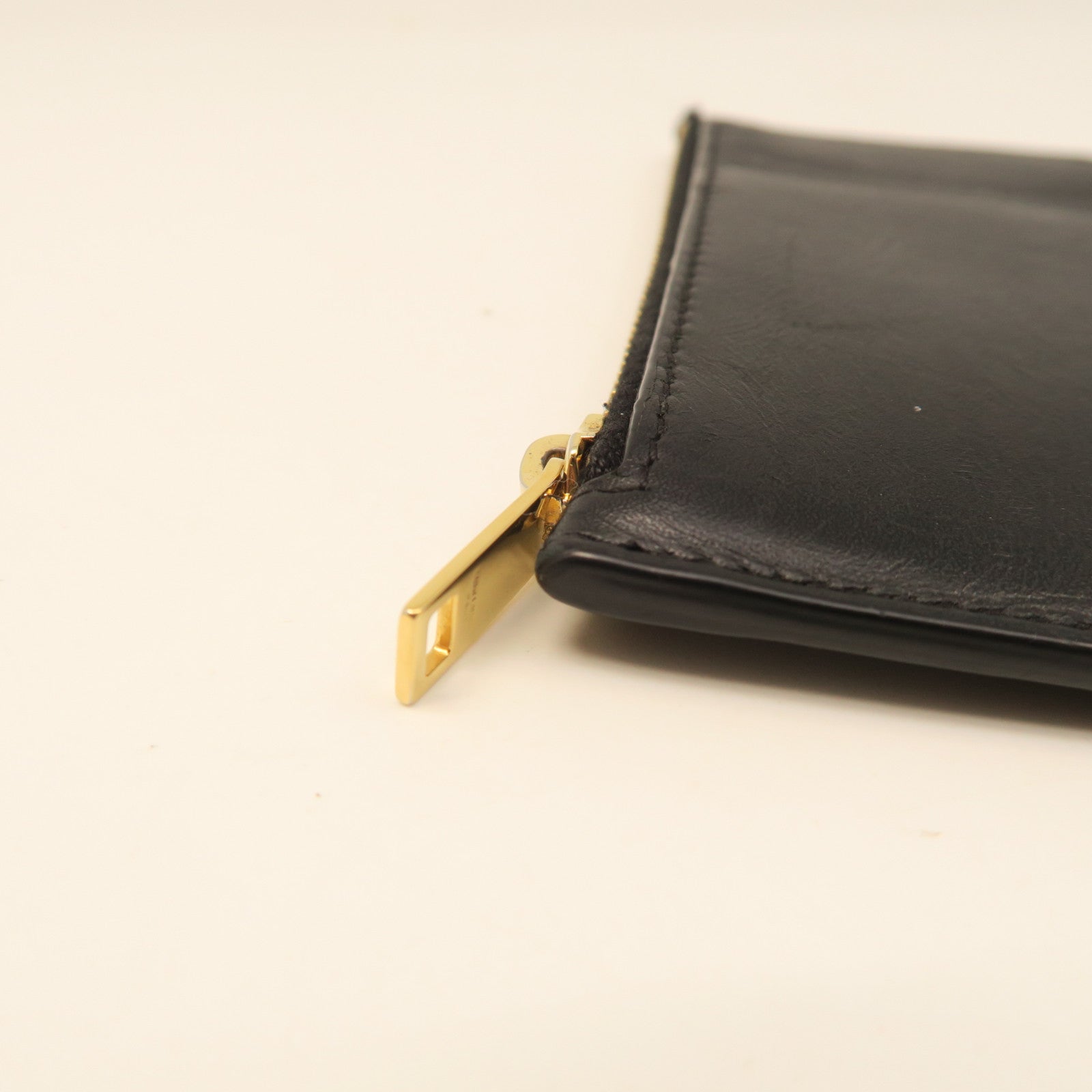 SAINT LAURENT Calf Leather Card Case Gold Buckle Black