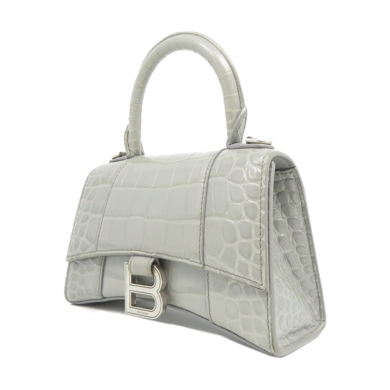 BALENCIAGA 牛皮皮革Hourglass XS銀扣手挽肩背兩用袋灰色