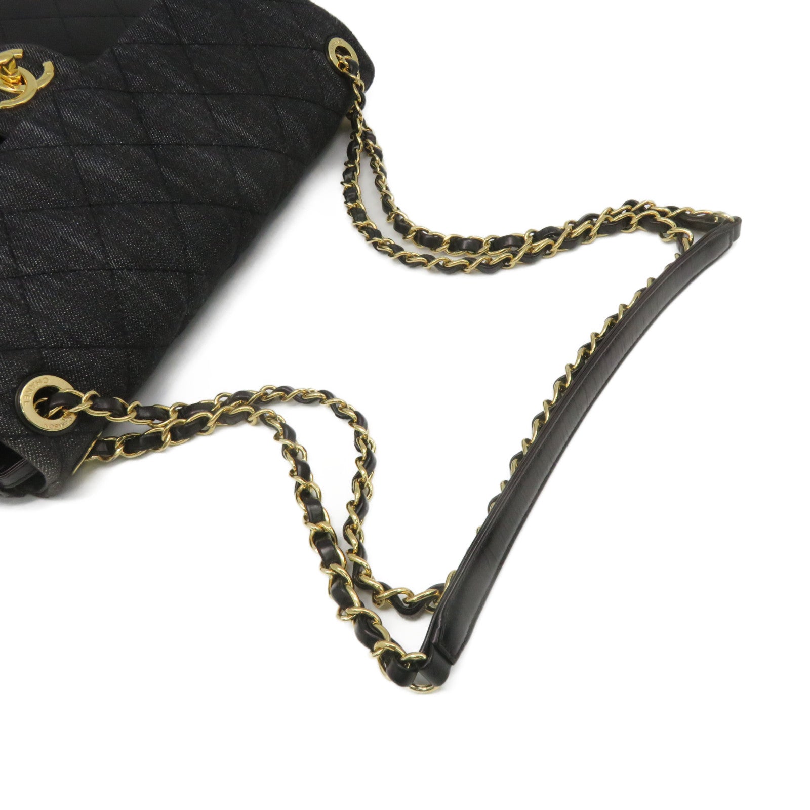 CHANEL Rhombus Denim Chain Shoulder Bag Gold Buckle Chain Belt Shoulder Bag Black