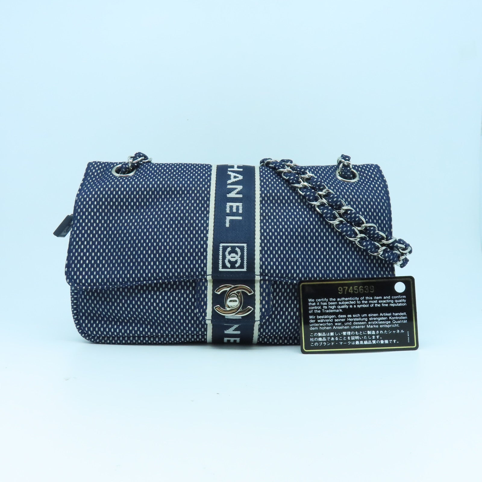 CHANEL 帆布Chain Shoulder Bag銀扣鏈帶肩背袋藍色