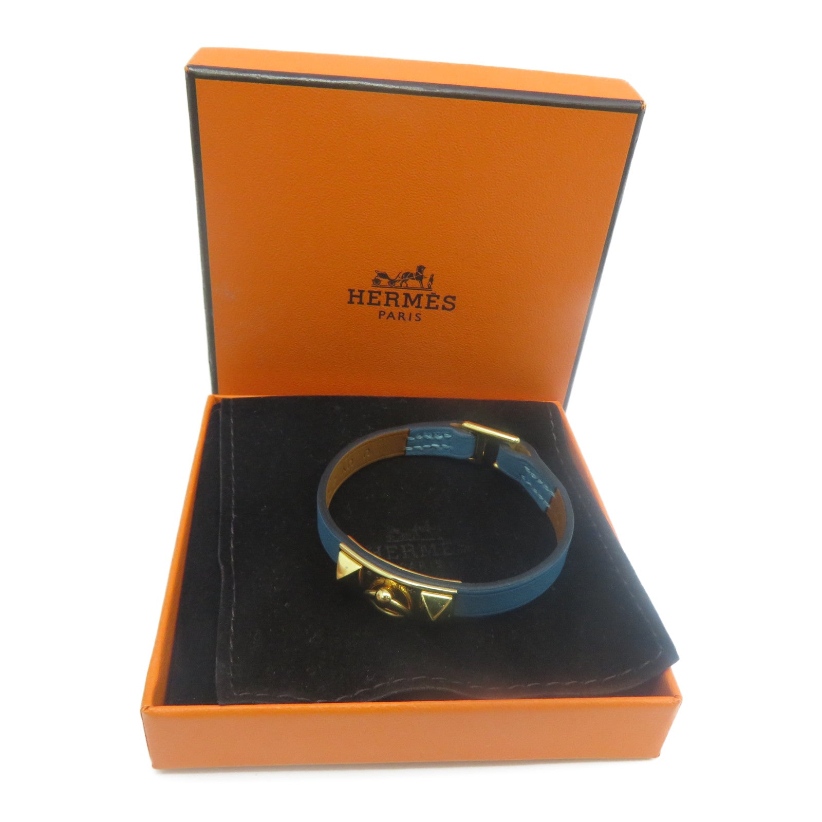 HERMES Swift皮革Rivale Mini Bracelet金扣手鐲牛仔藍色#T1