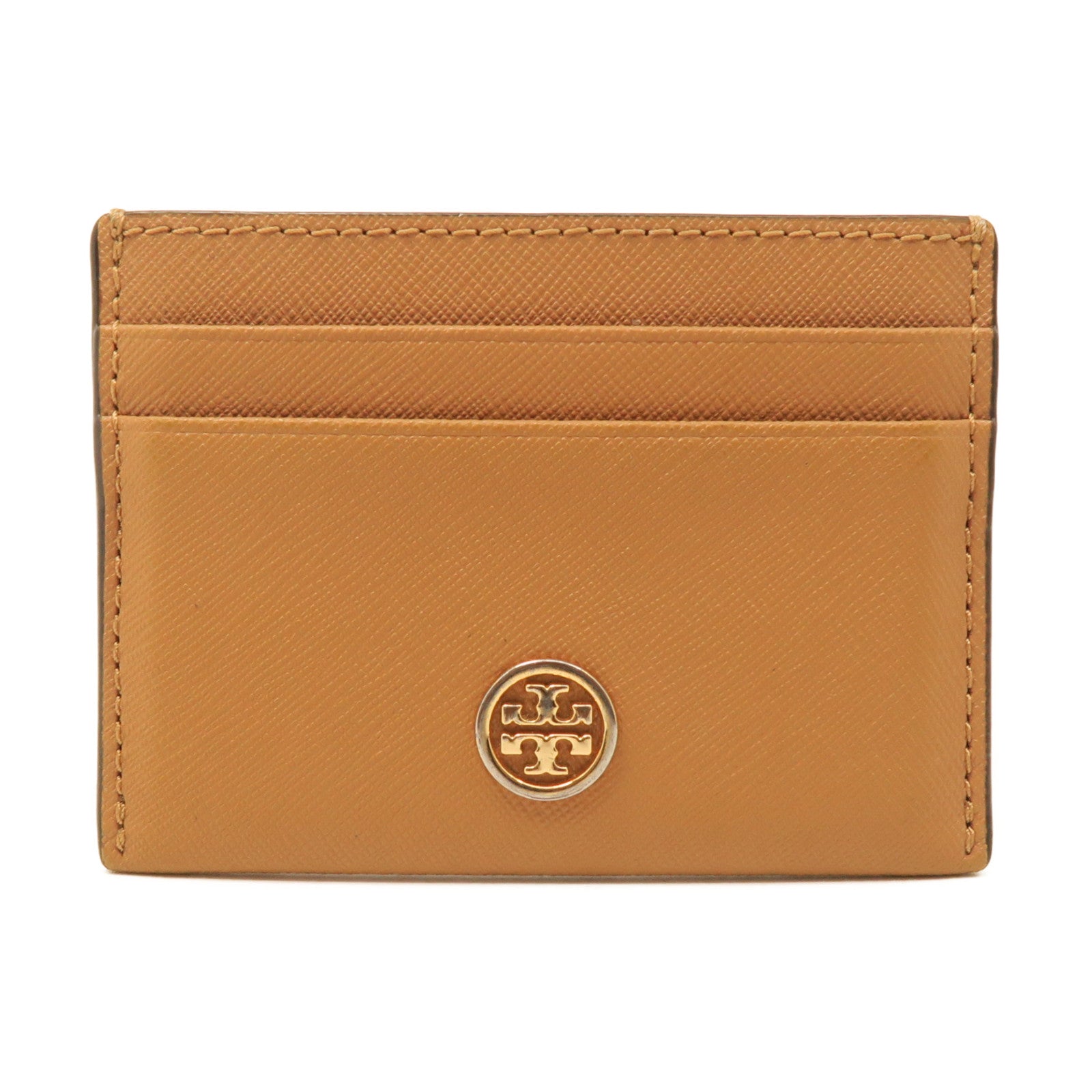 Tory Burch Cowhide Leather Card Case Gold Buckle Card Holder Brown