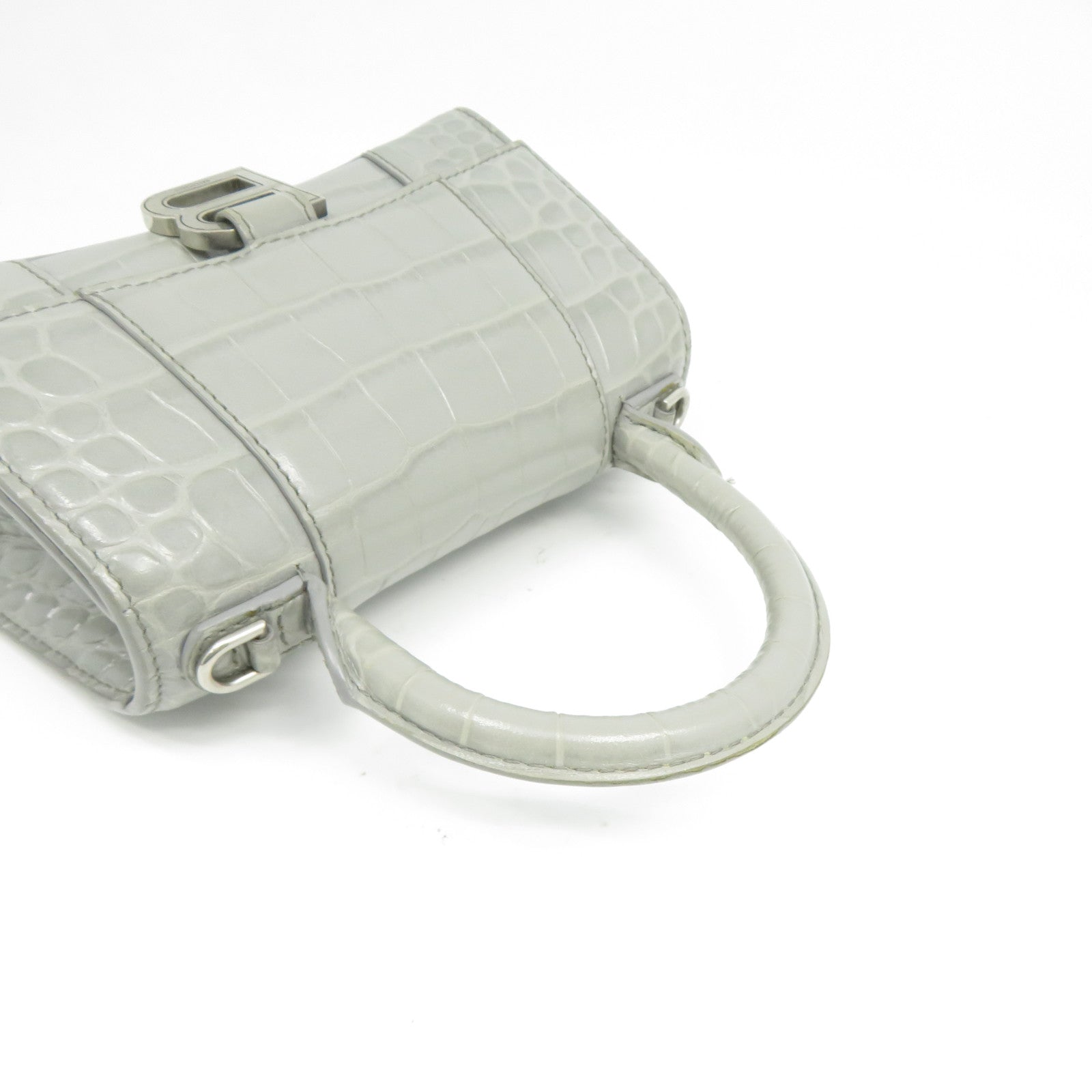 BALENCIAGA 牛皮皮革Hourglass XS銀扣手挽肩背兩用袋灰色