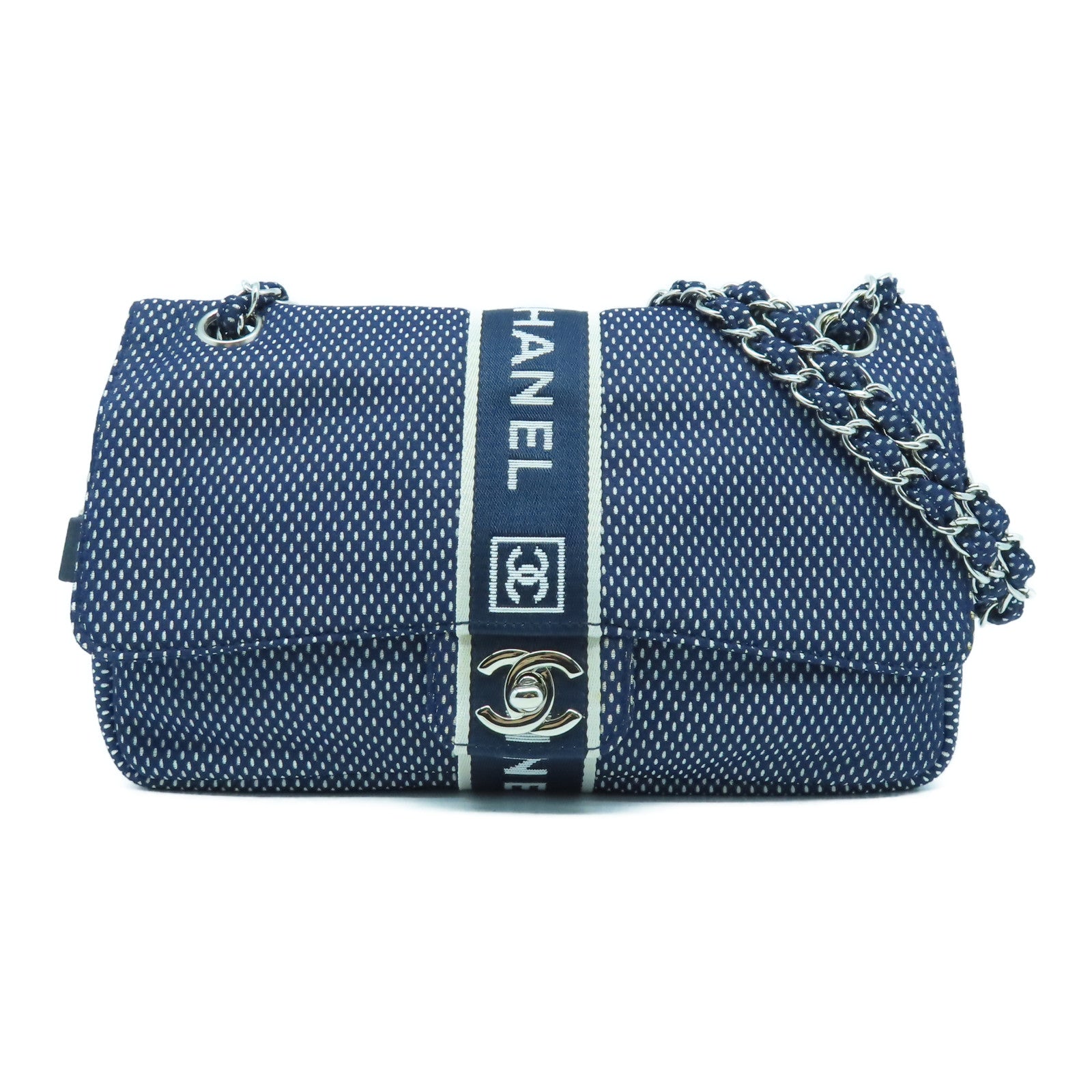 CHANEL 帆布Chain Shoulder Bag銀扣鏈帶肩背袋藍色
